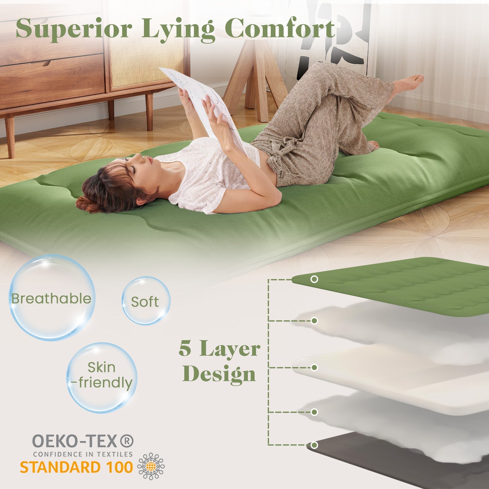 Floor Mattress with Washable Cover and Carry Bag-Twin Size