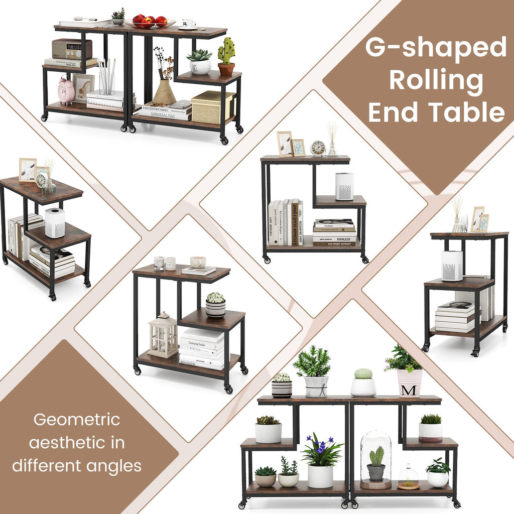 G-shaped Side Table 3-Tier Mobile End Table with Open Shelves-Rustic Brown