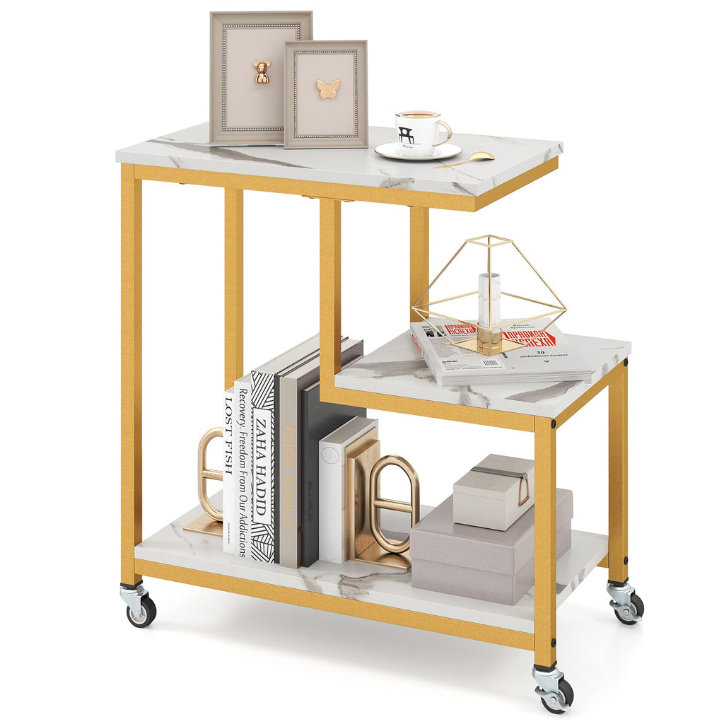 G-shaped Side Table 3-Tier Mobile End Table with Open Shelves-White
