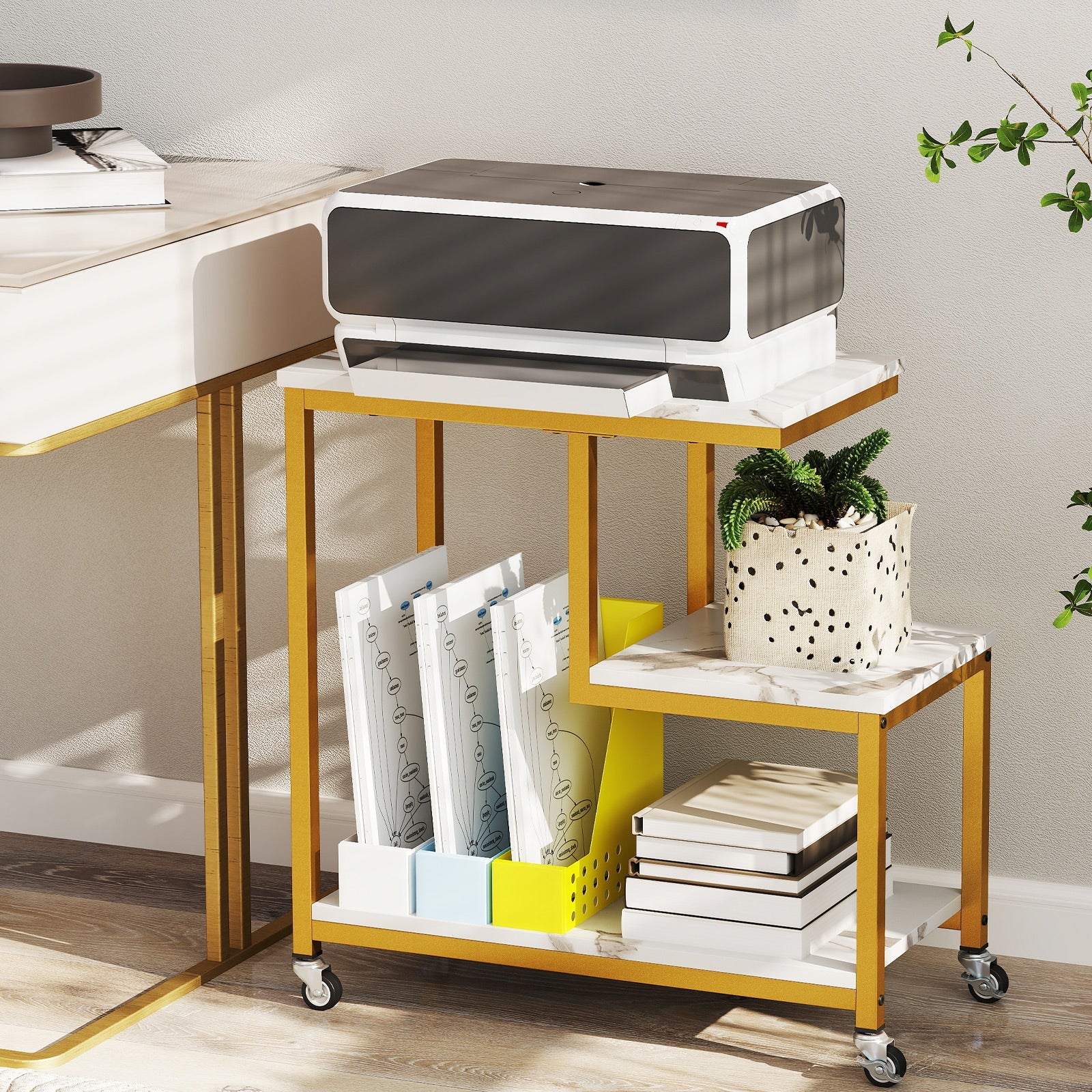 G-shaped Side Table 3-Tier Mobile End Table with Open Shelves-White