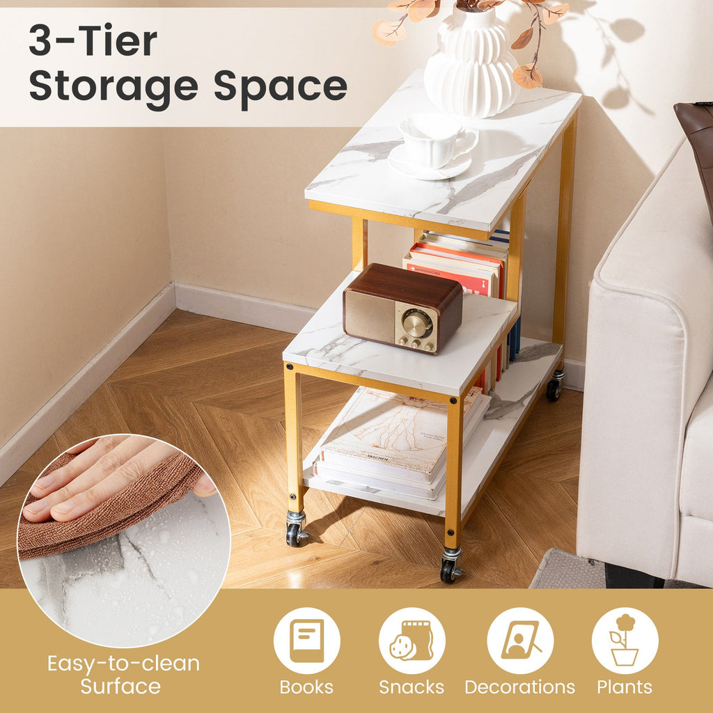 G-shaped Side Table 3-Tier Mobile End Table with Open Shelves-White