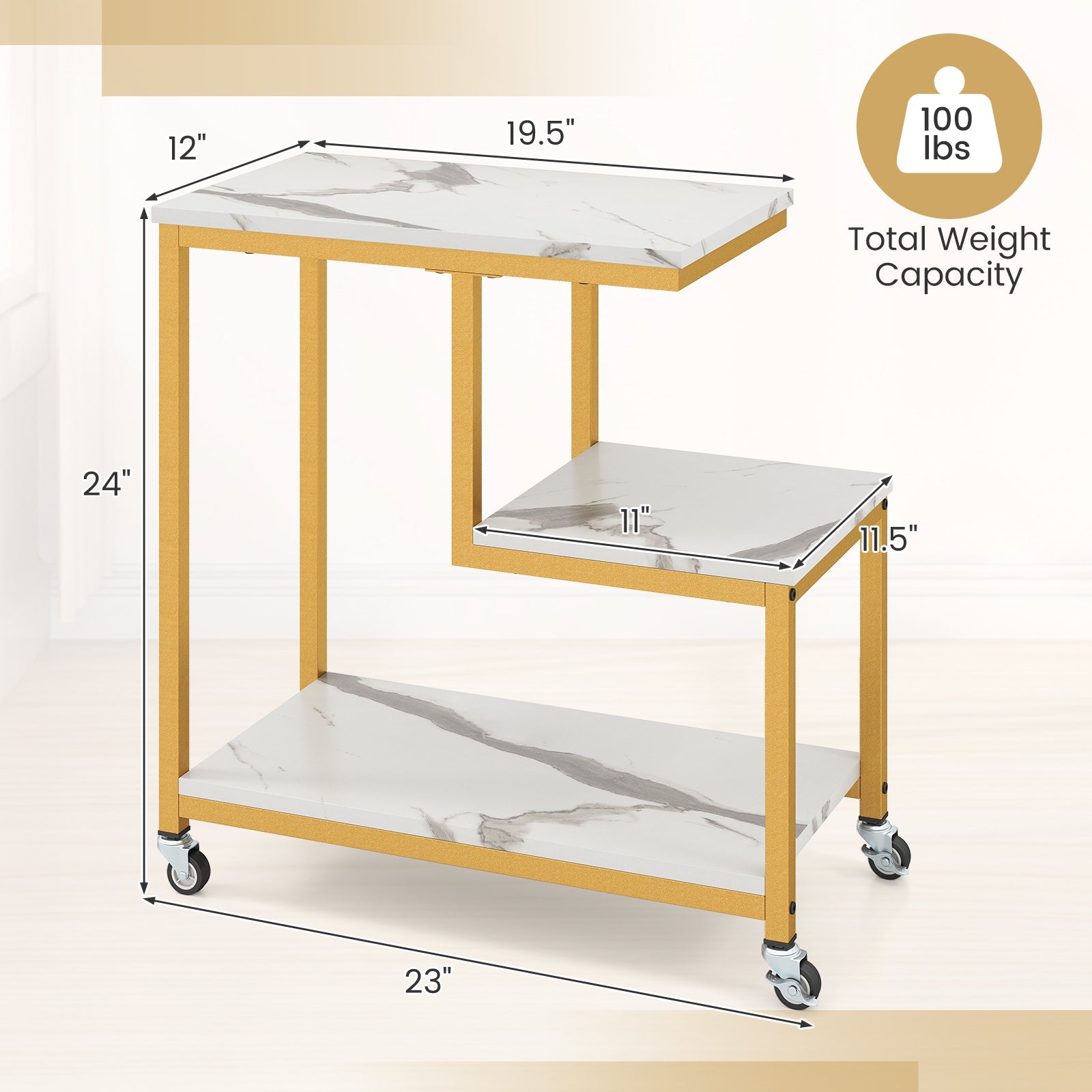 G-shaped Side Table 3-Tier Mobile End Table with Open Shelves-White