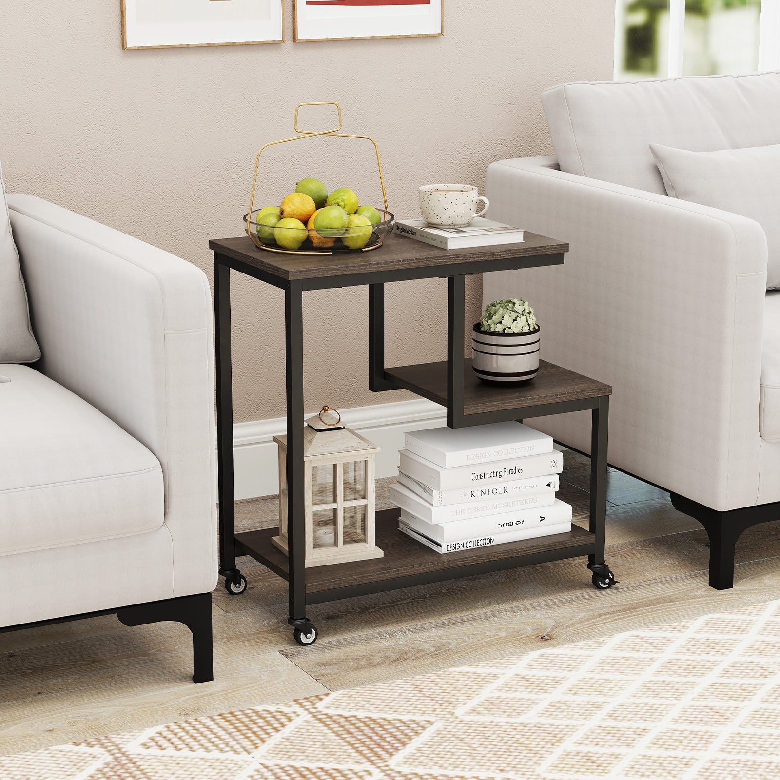 G-shaped Side Table 3-Tier Mobile End Table with Open Shelves-Gray