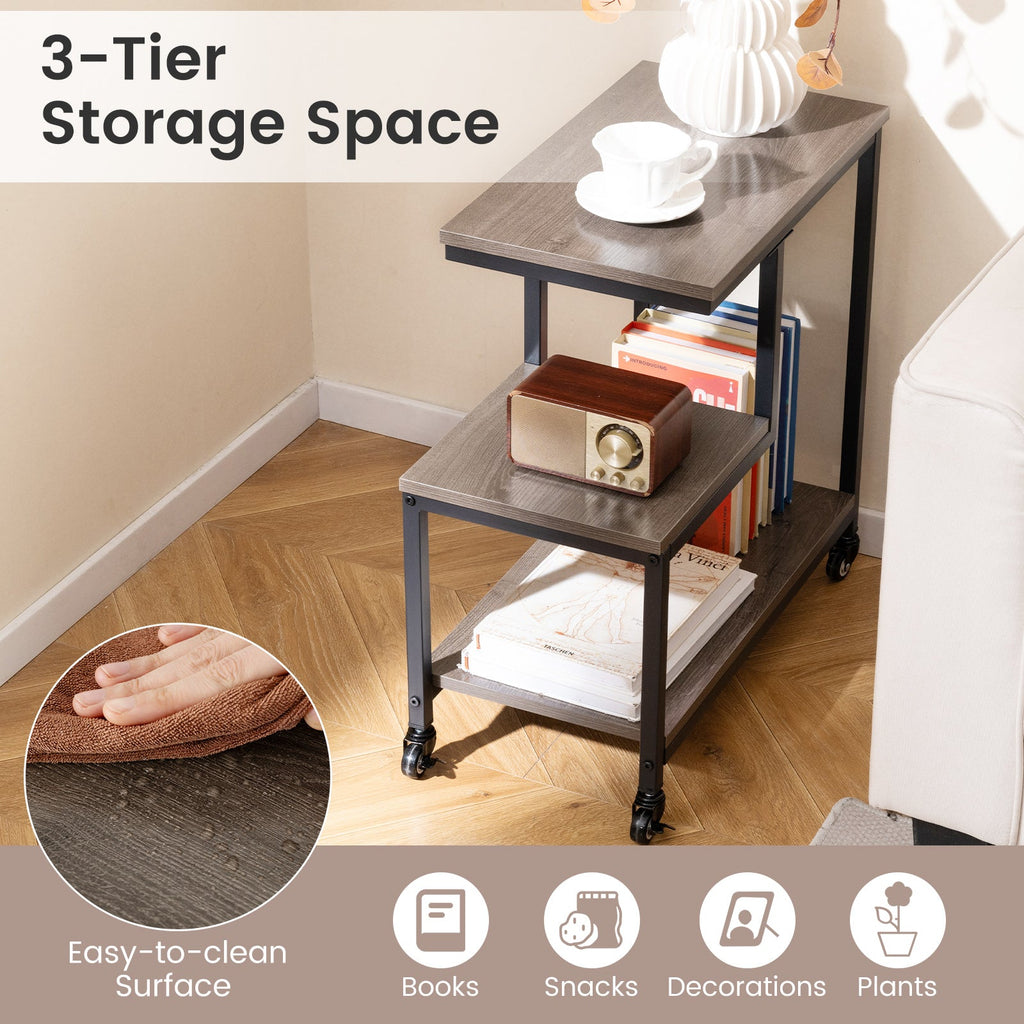 G-shaped Side Table 3-Tier Mobile End Table with Open Shelves-Gray