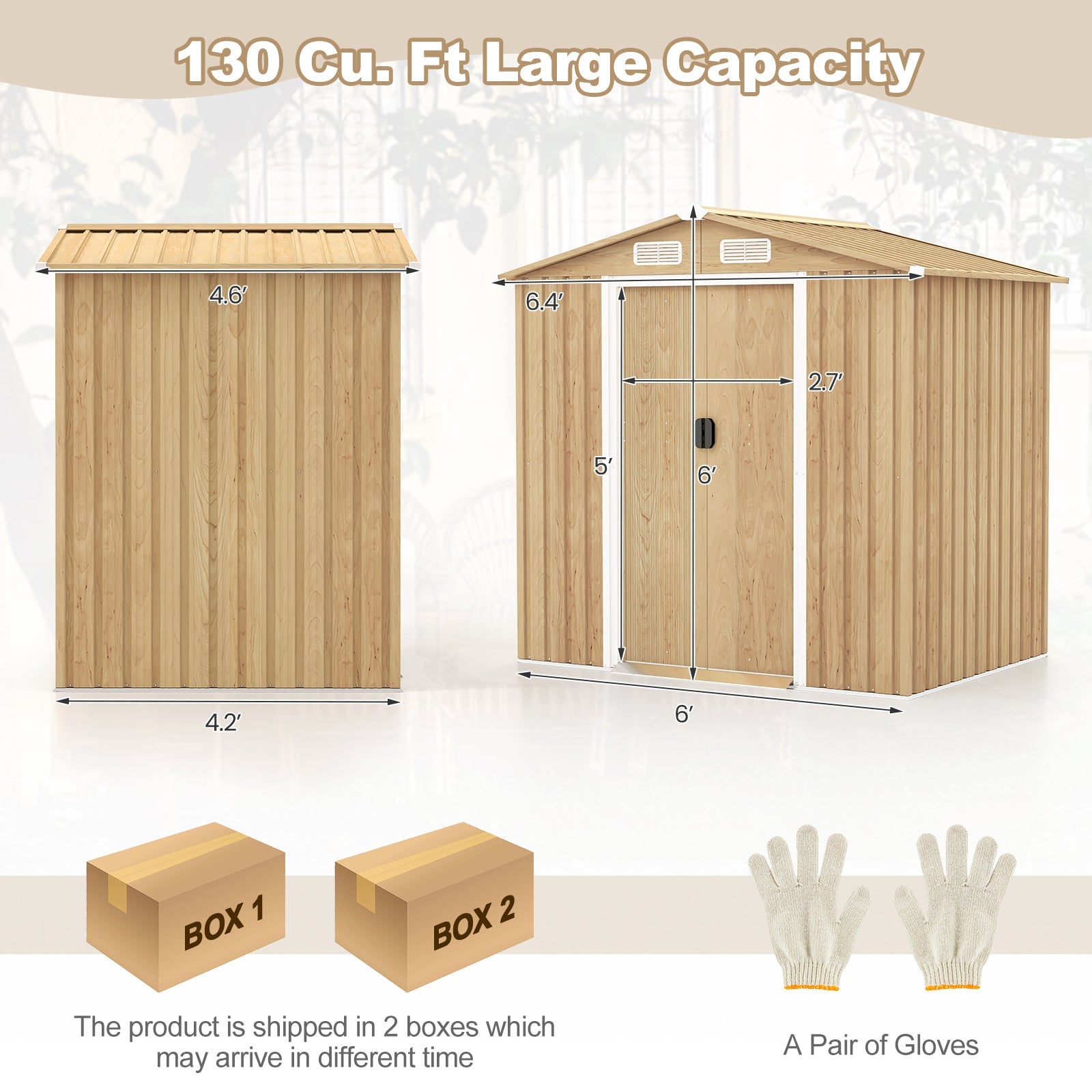 6 x 4 Feet Galvanized Steel Storage Shed with Lockable Sliding Doors-Natural