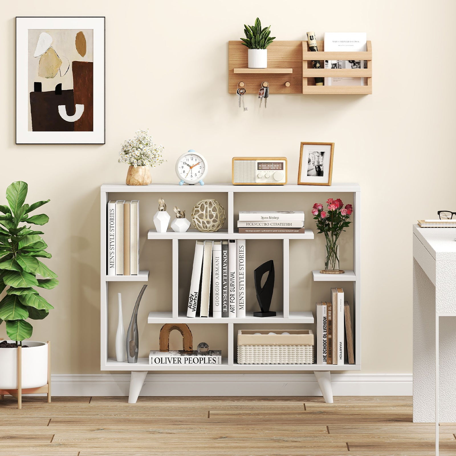 Geometric Bookcase with Anti-Tipping Kit and Storage Shelving Unit-White