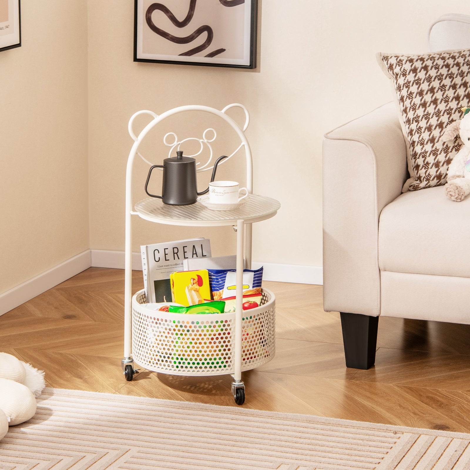 Modern Sofa Side Table on Lockable Wheels for Living Room Bedroom Study-White