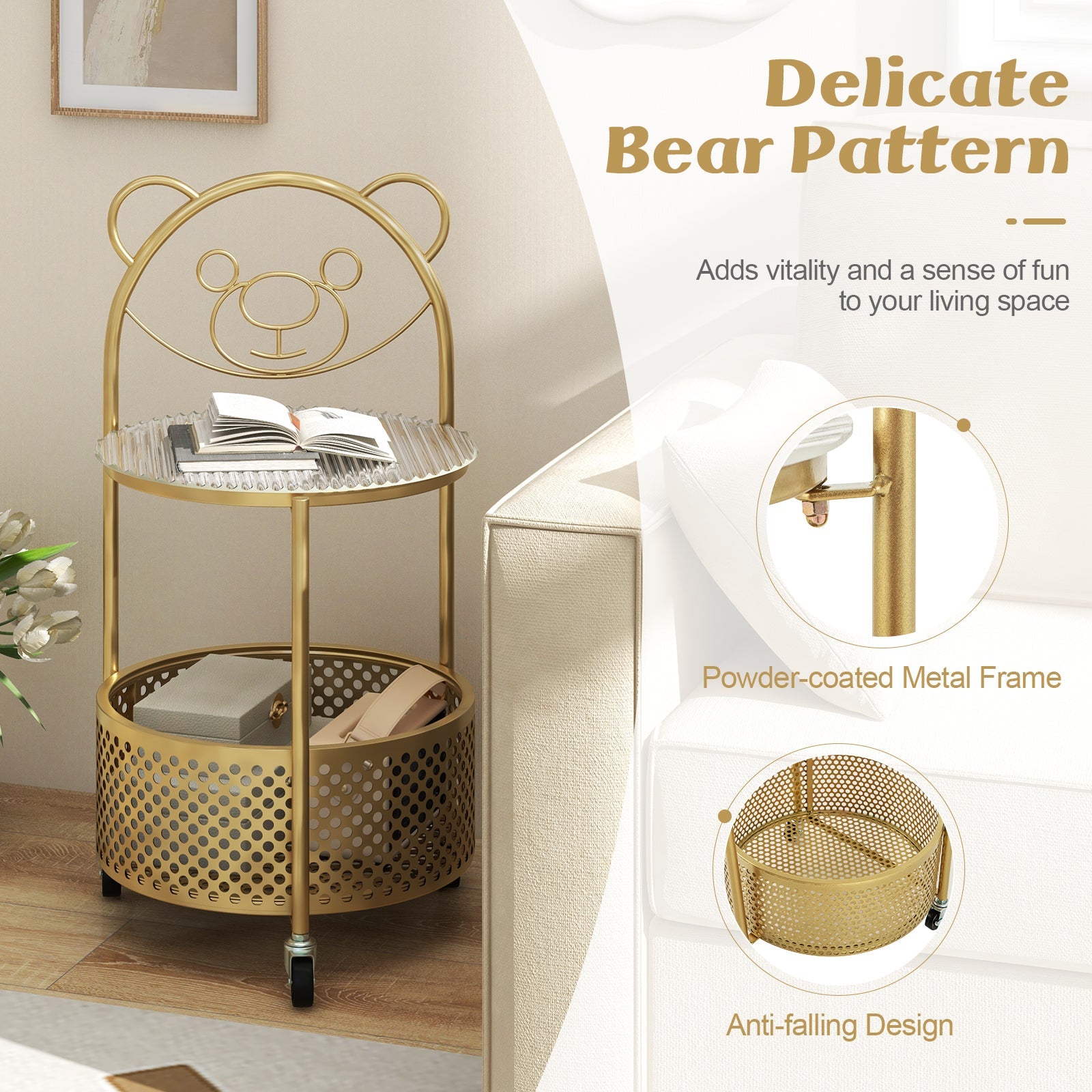 Modern Sofa Side Table on Lockable Wheels for Living Room Bedroom Study-Gold