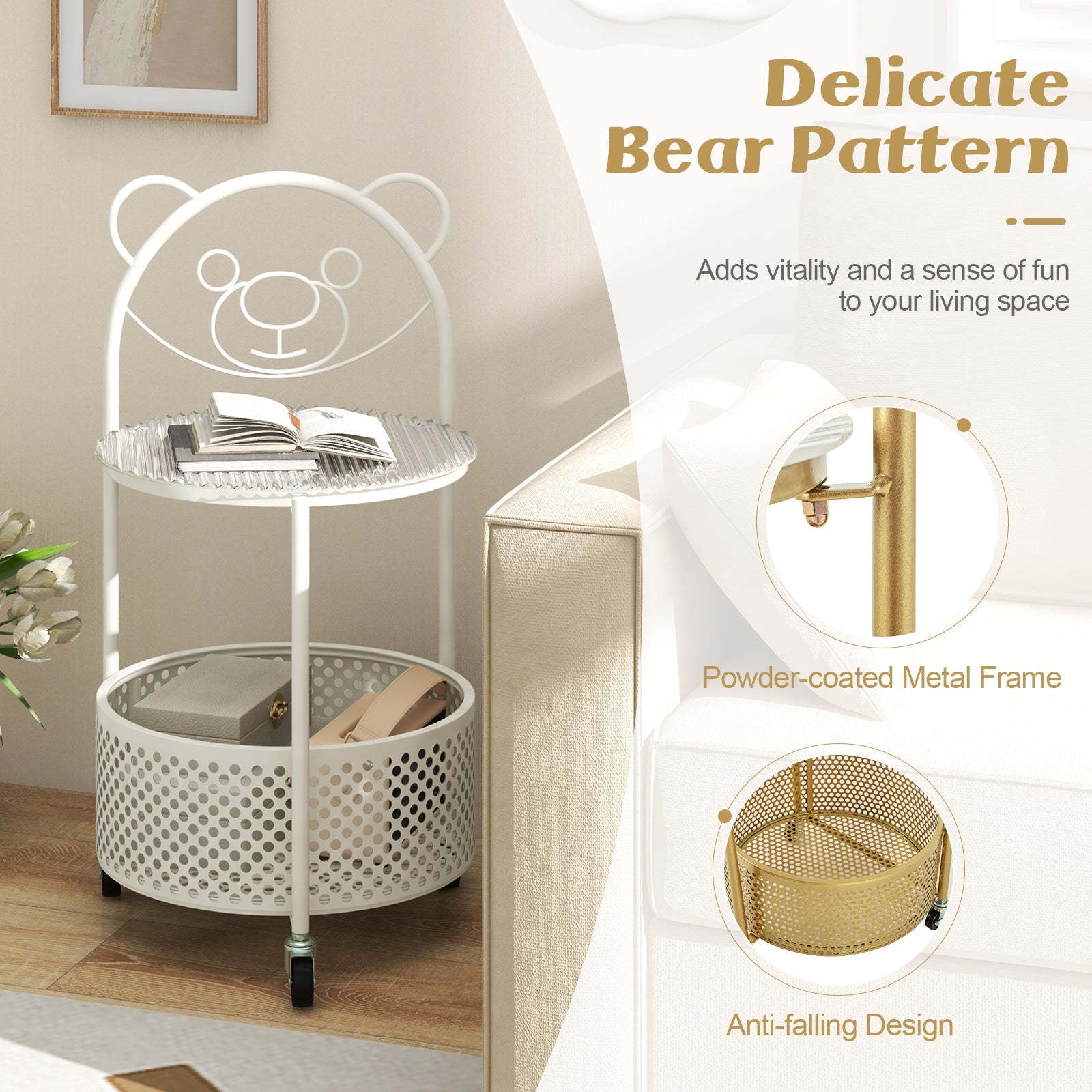 Modern Sofa Side Table on Lockable Wheels for Living Room Bedroom Study-White
