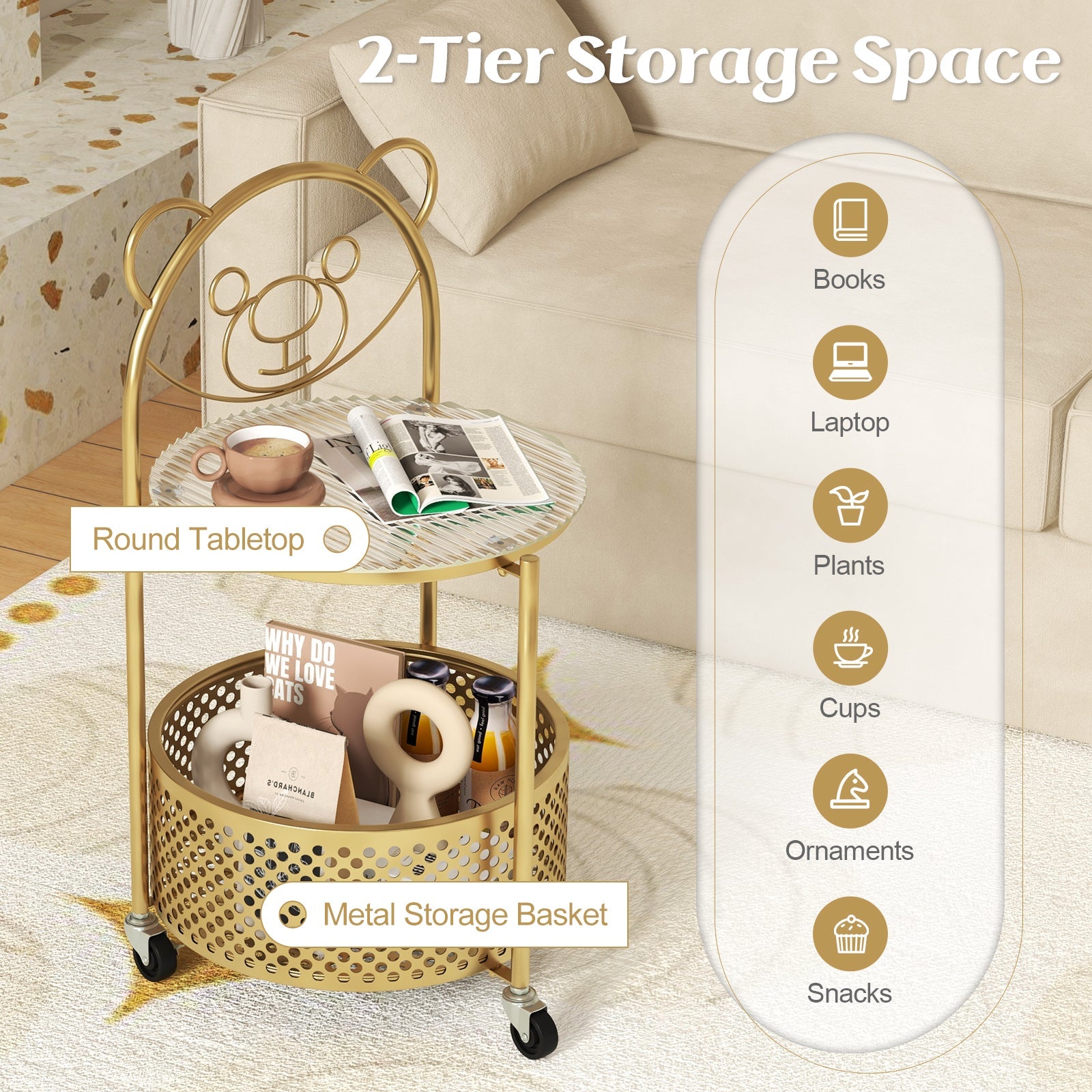 Modern Sofa Side Table on Lockable Wheels for Living Room Bedroom Study-Gold