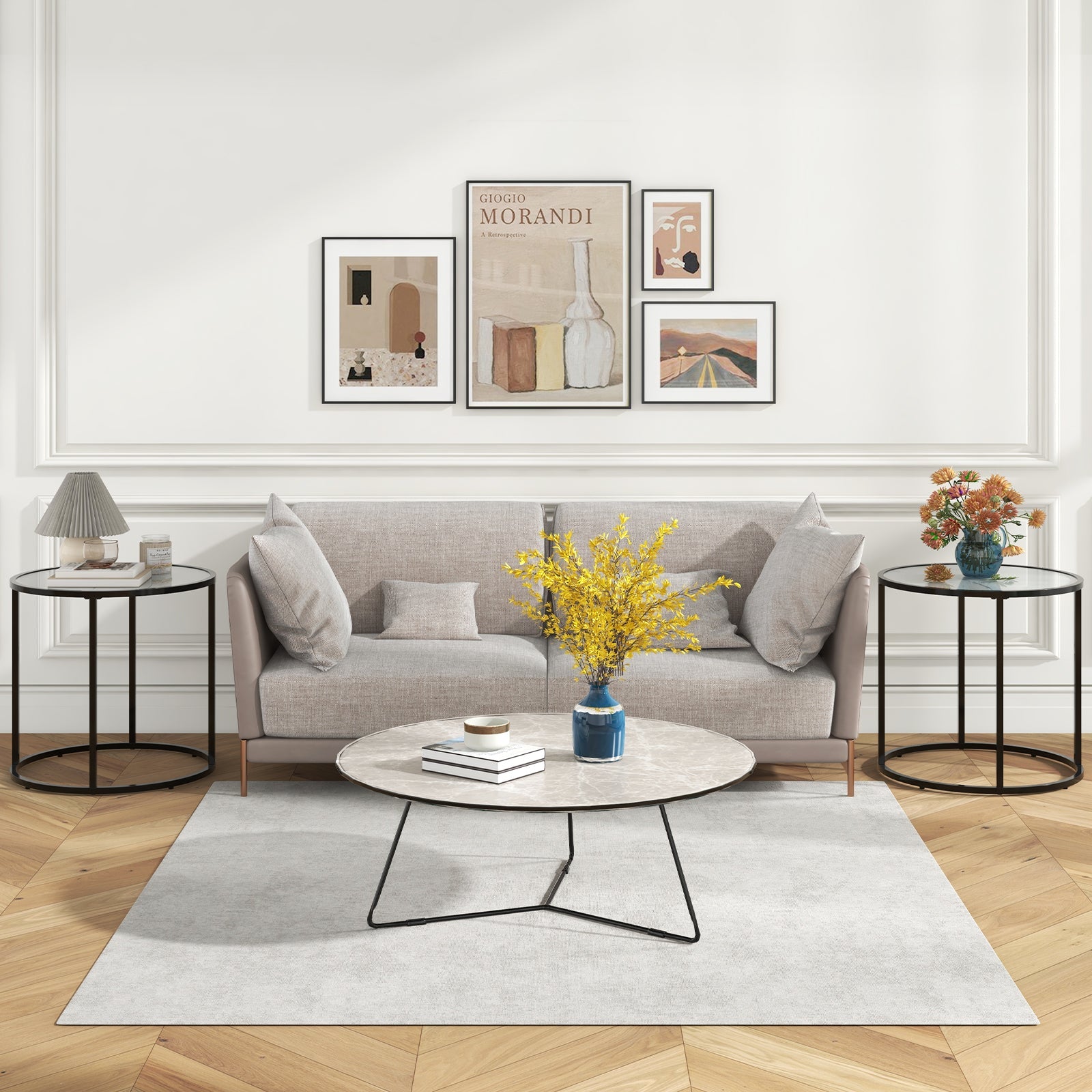 20 Inch Glass End Table with Metal Frame and Faux Marble Glass Top-Black and White
