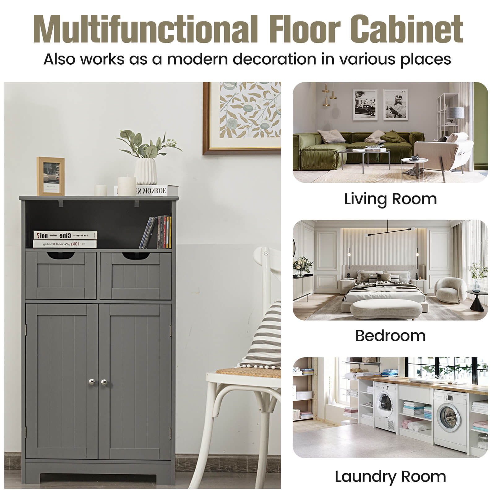 Bathroom Wooden Side Cabinet  with 2 Drawers and 2 Doors-Gray