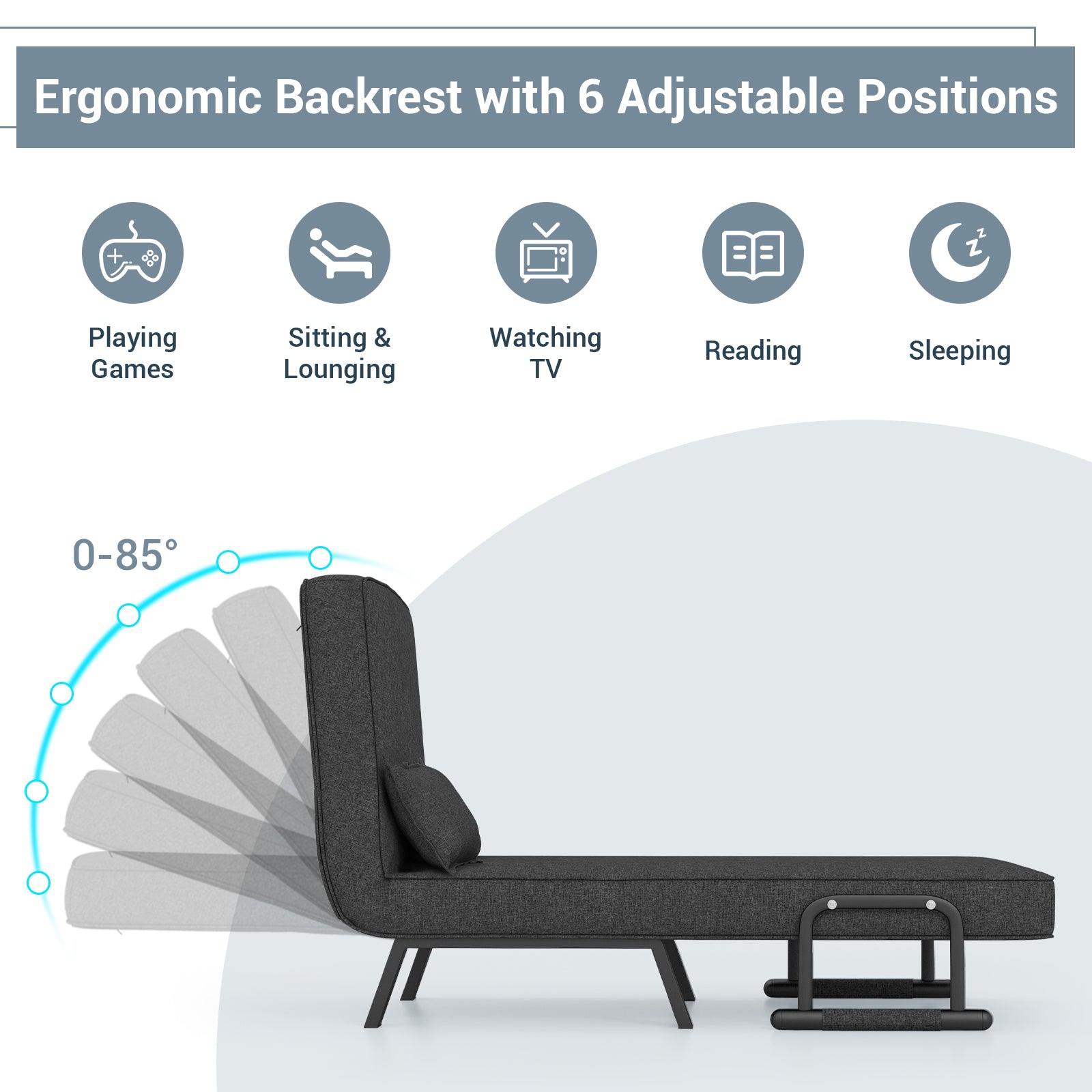 Folding 6 Position Convertible Sleeper Bed Armchair Lounge Couch with Pillow-Gray