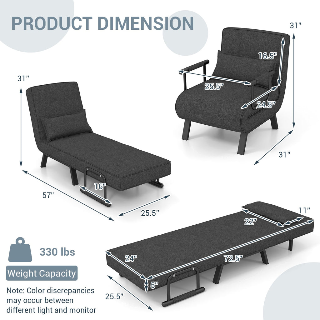 Folding 6 Position Convertible Sleeper Bed Armchair Lounge Couch with Pillow-Gray