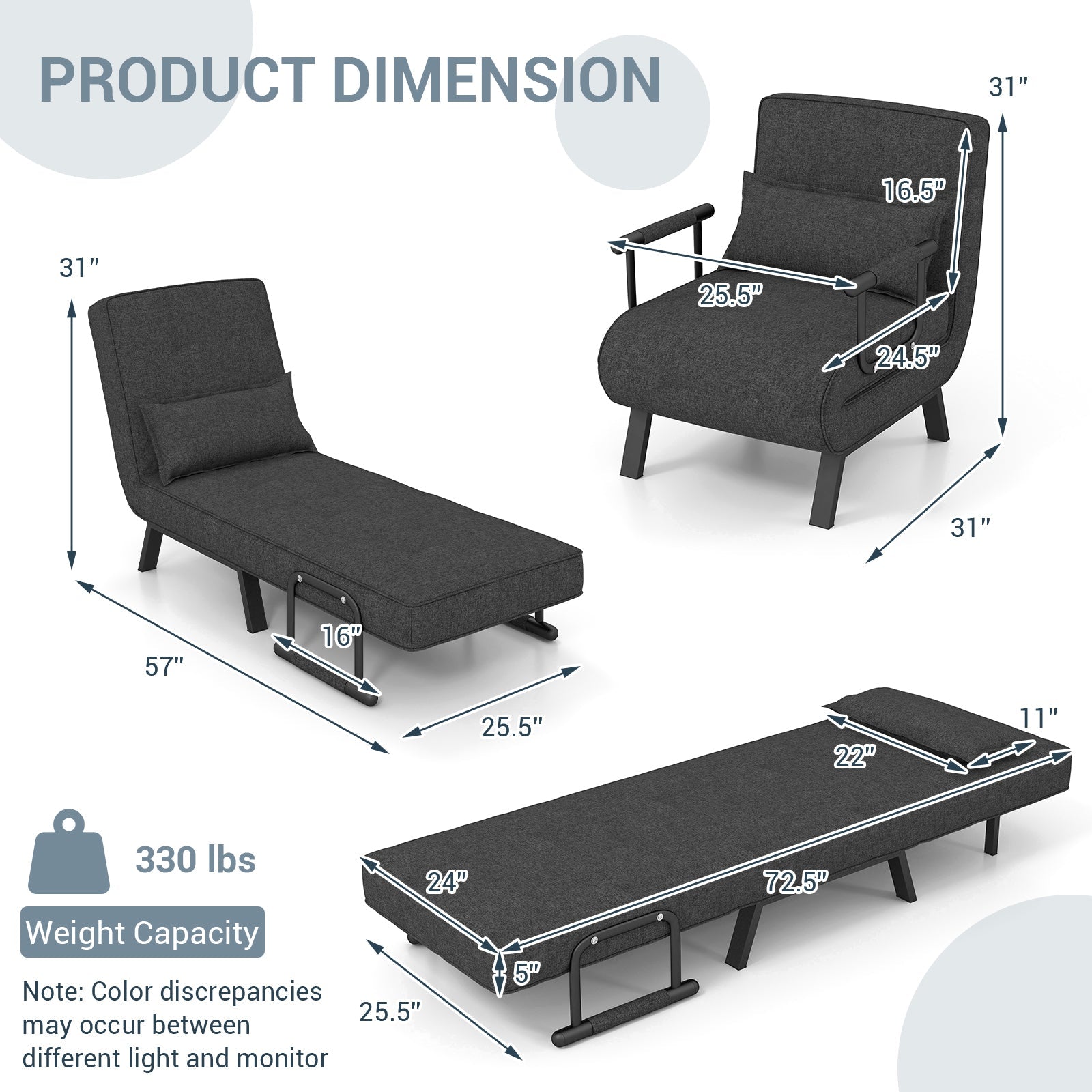 Folding 6 Position Convertible Sleeper Bed Armchair Lounge Couch with Pillow-Gray