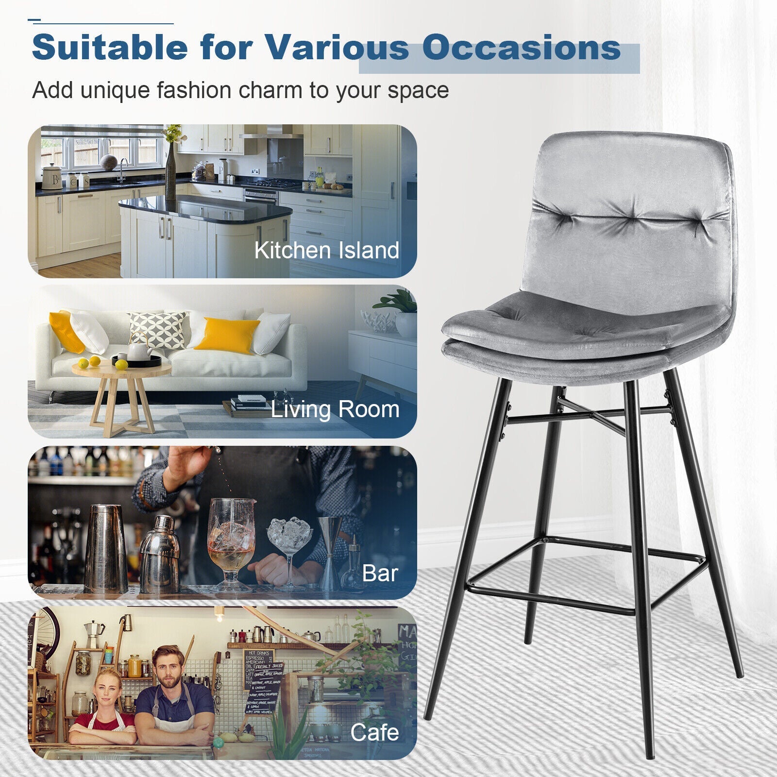2 Pieces 29 Inch Velvet Bar Stools Set with Tufted Back and Footrests-Gray