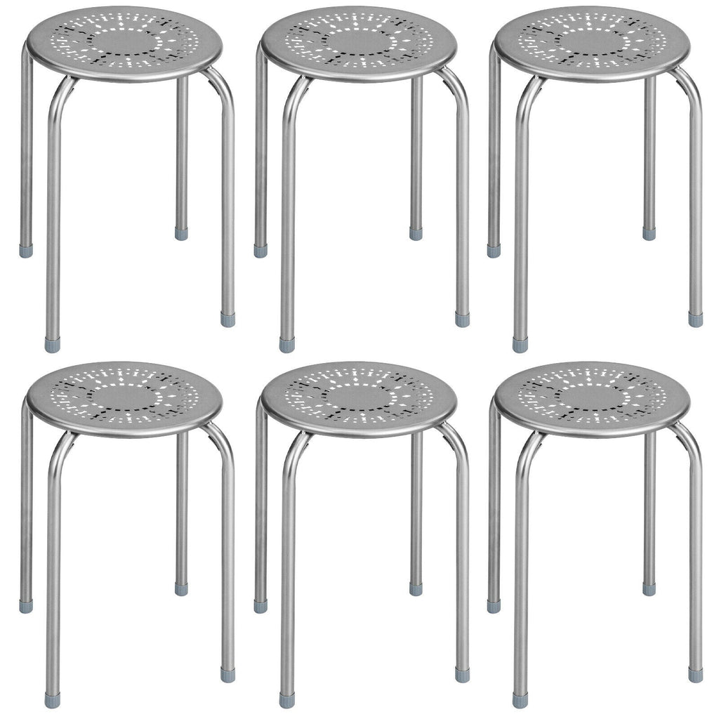 6-Pack Stackable Multifunctional Daisy Design Backless Round Metal Stool Set-Grey
