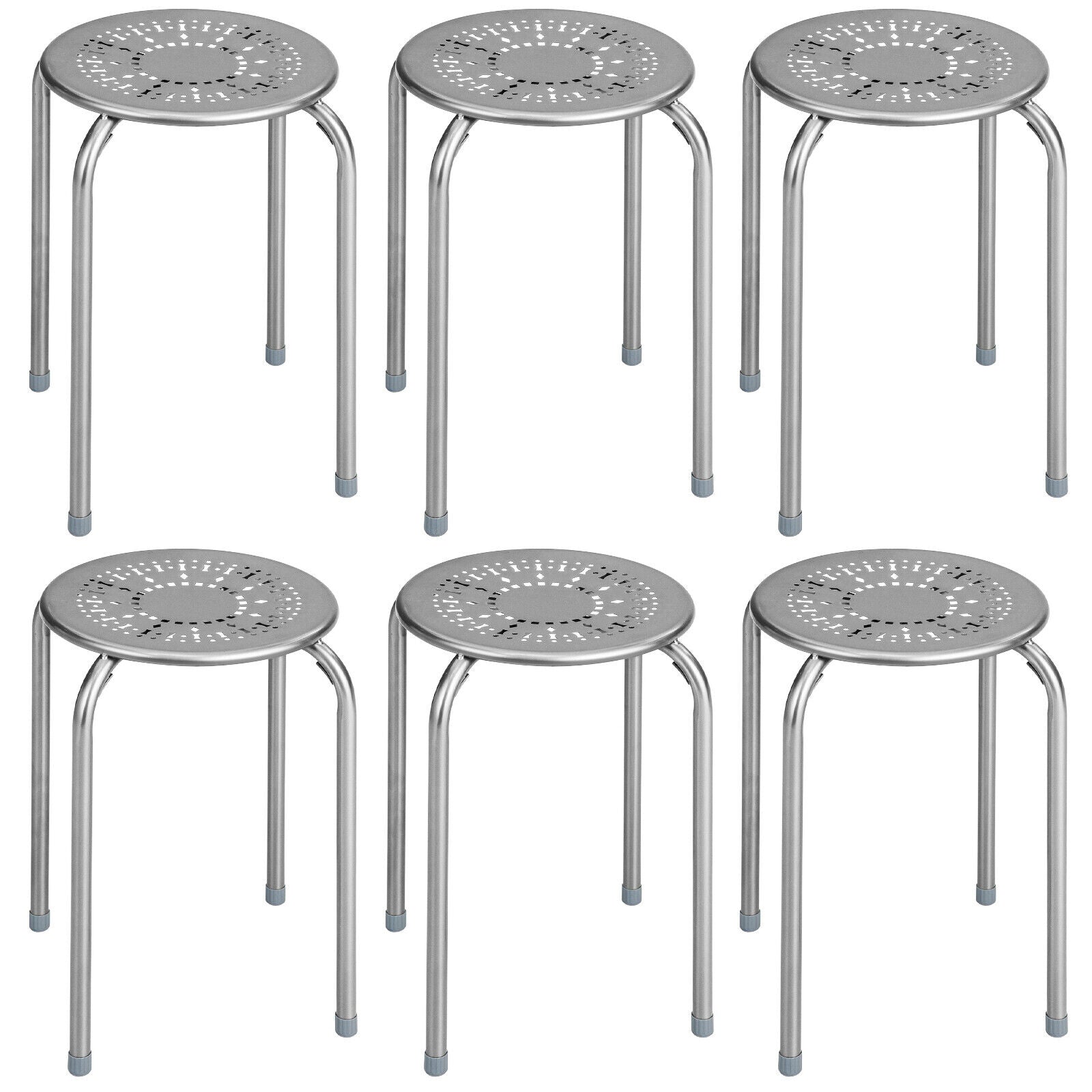 6-Pack Stackable Multifunctional Daisy Design Backless Round Metal Stool Set-Grey