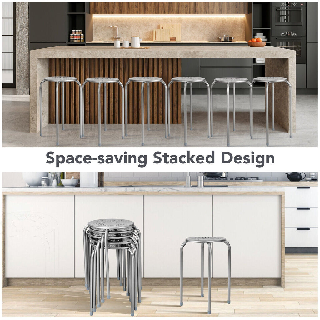 6-Pack Stackable Multifunctional Daisy Design Backless Round Metal Stool Set-Grey