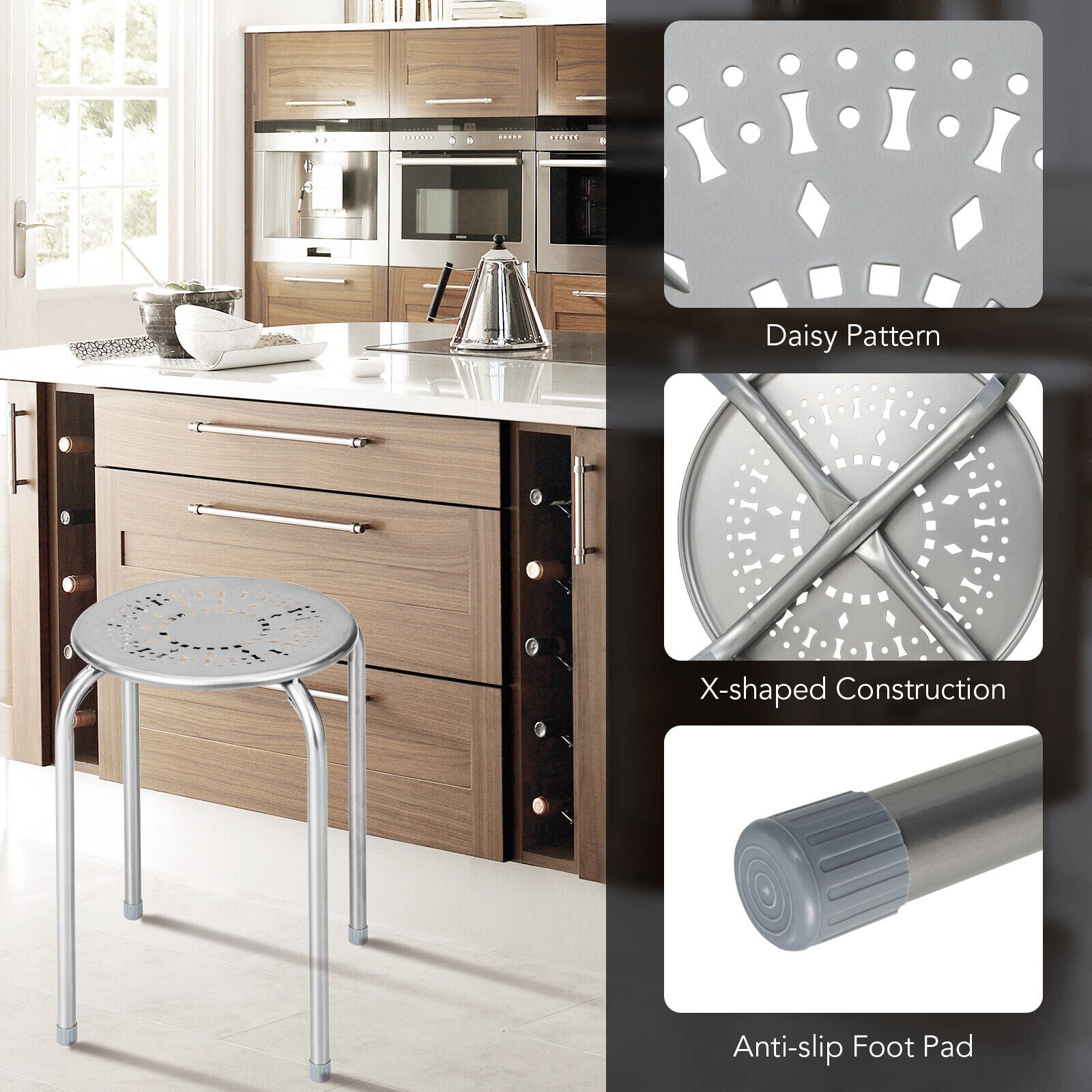 6-Pack Stackable Multifunctional Daisy Design Backless Round Metal Stool Set-Grey