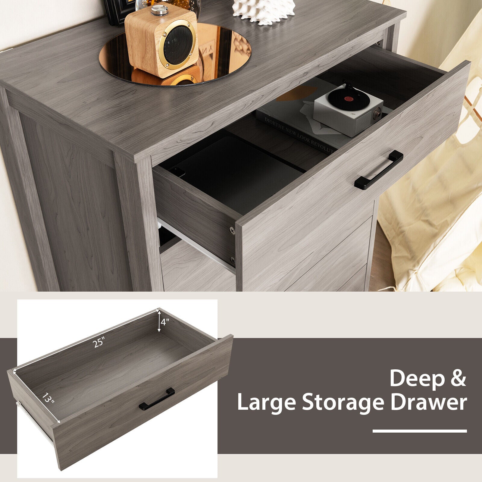 Modern 5-Drawer Multipurpose Chest Dresser with Metal Handles-Grey