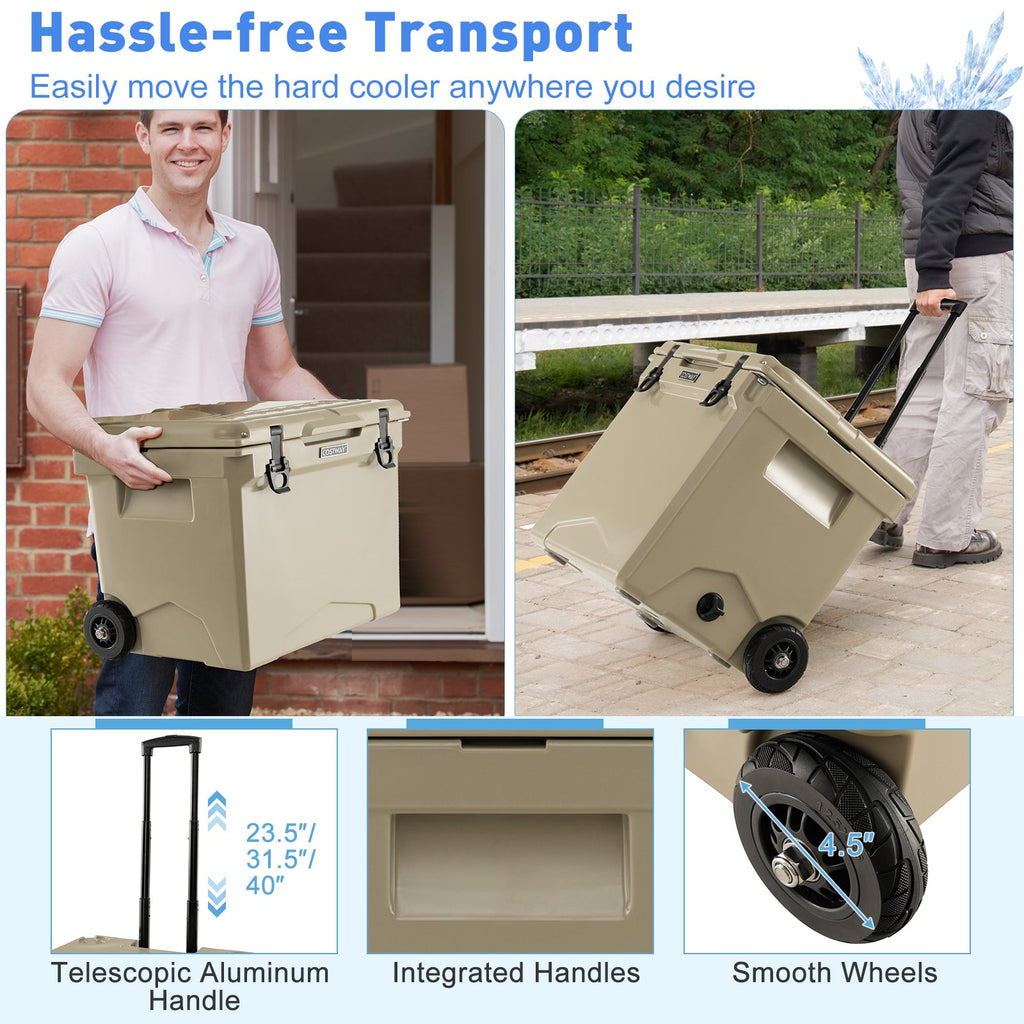42 Quart Hard Cooler with Wheels and Handle-Tan