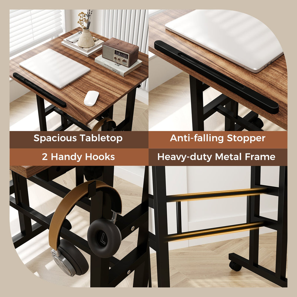Height-adjustable Mobile Standing Desk with Split Top and Adjustable Angle-Walnut