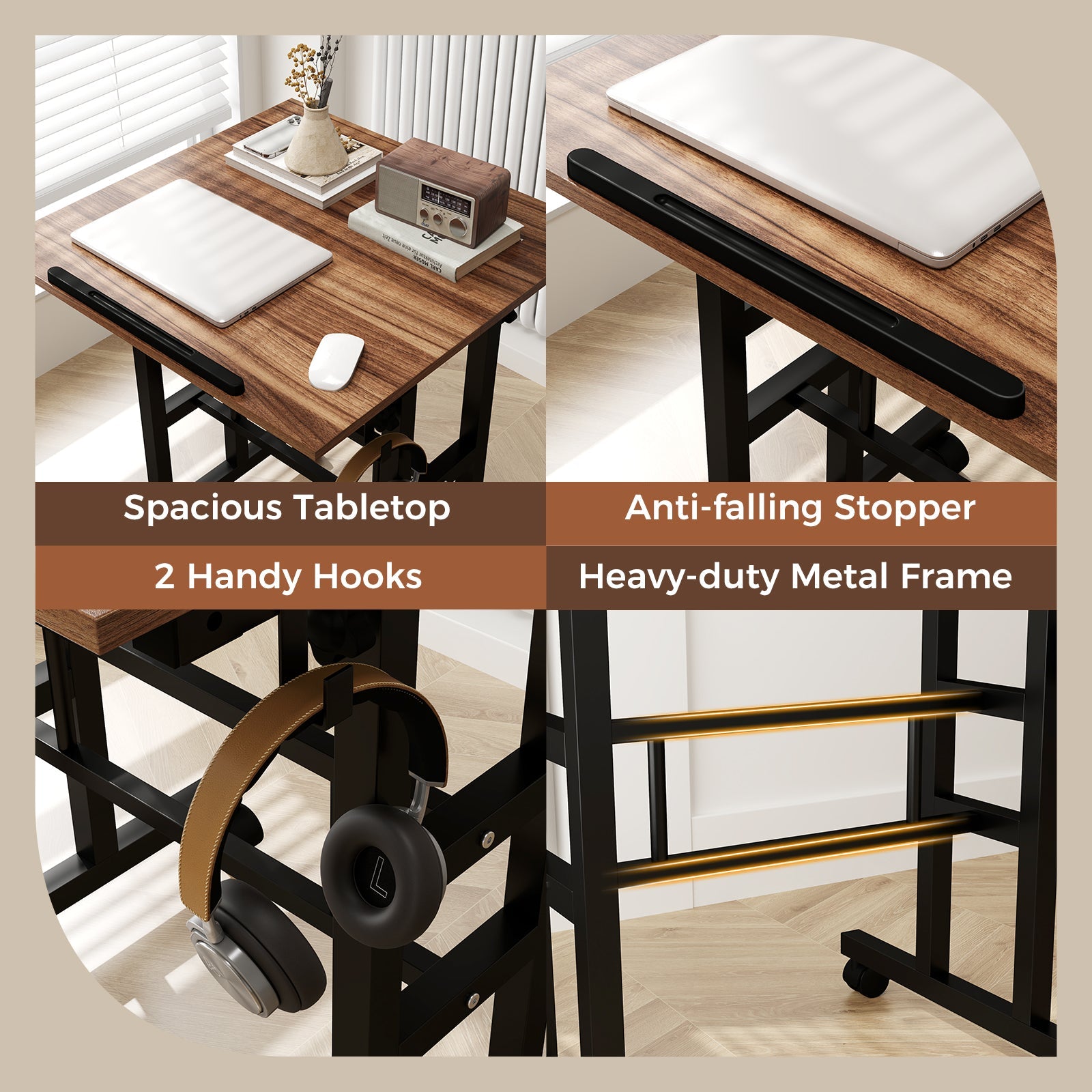 Height-adjustable Mobile Standing Desk with Split Top and Adjustable Angle-Walnut