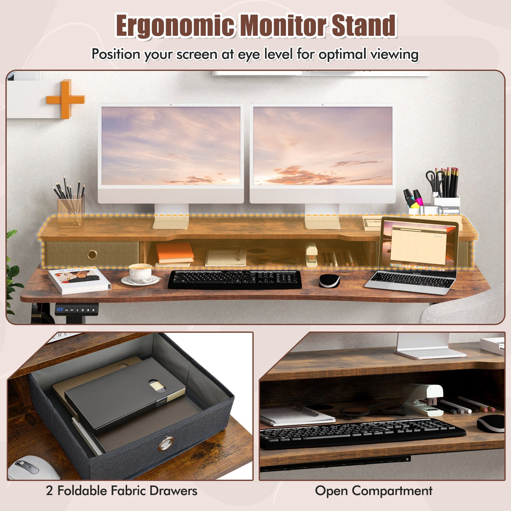 55 Inch x 24 Inch Height Adjustable Electric Standing Desk with 2 Drawers-Brown