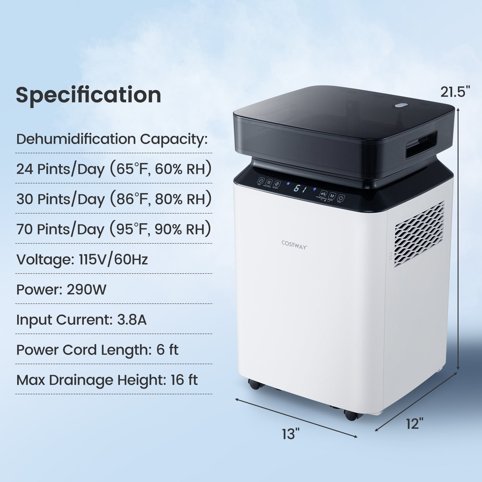 70/90 Pint 4500/6000 Sq. Ft Dehumidifier with Continuous and Auto Mode-90 Pints
