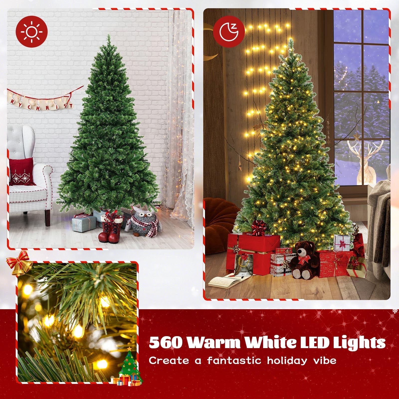 6/7/8 Feet Hinged Christmas Tree with PVC Branch Tips Warm White LED Lights-6 ft