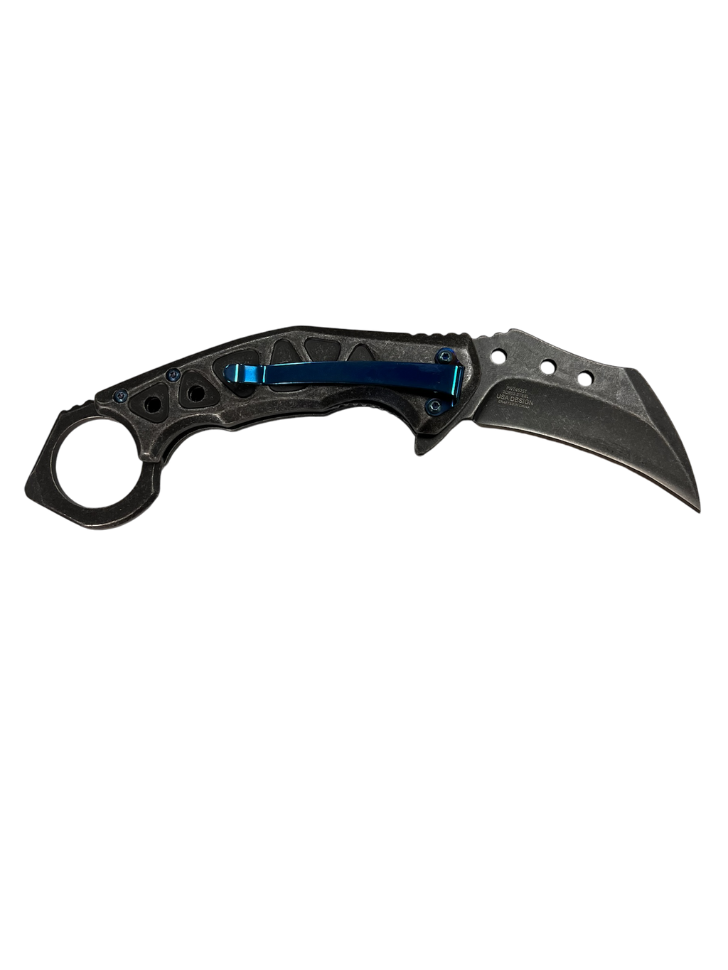 "Wartech" Gun Metal With Blue Accent Assisted Opening Karambit (3cr13 Steel)