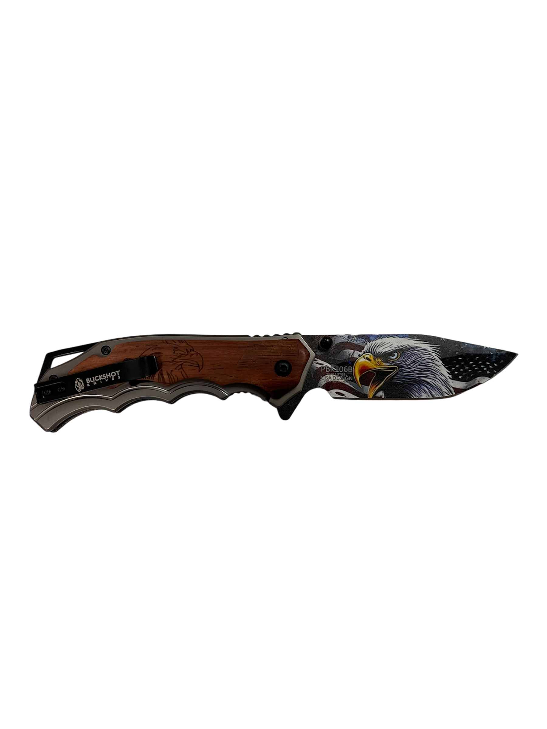 "Buckshot" Natural Wood / American Flag / Eagle Blade Assisted Opening Pocket Knife (3cr13 Steel)