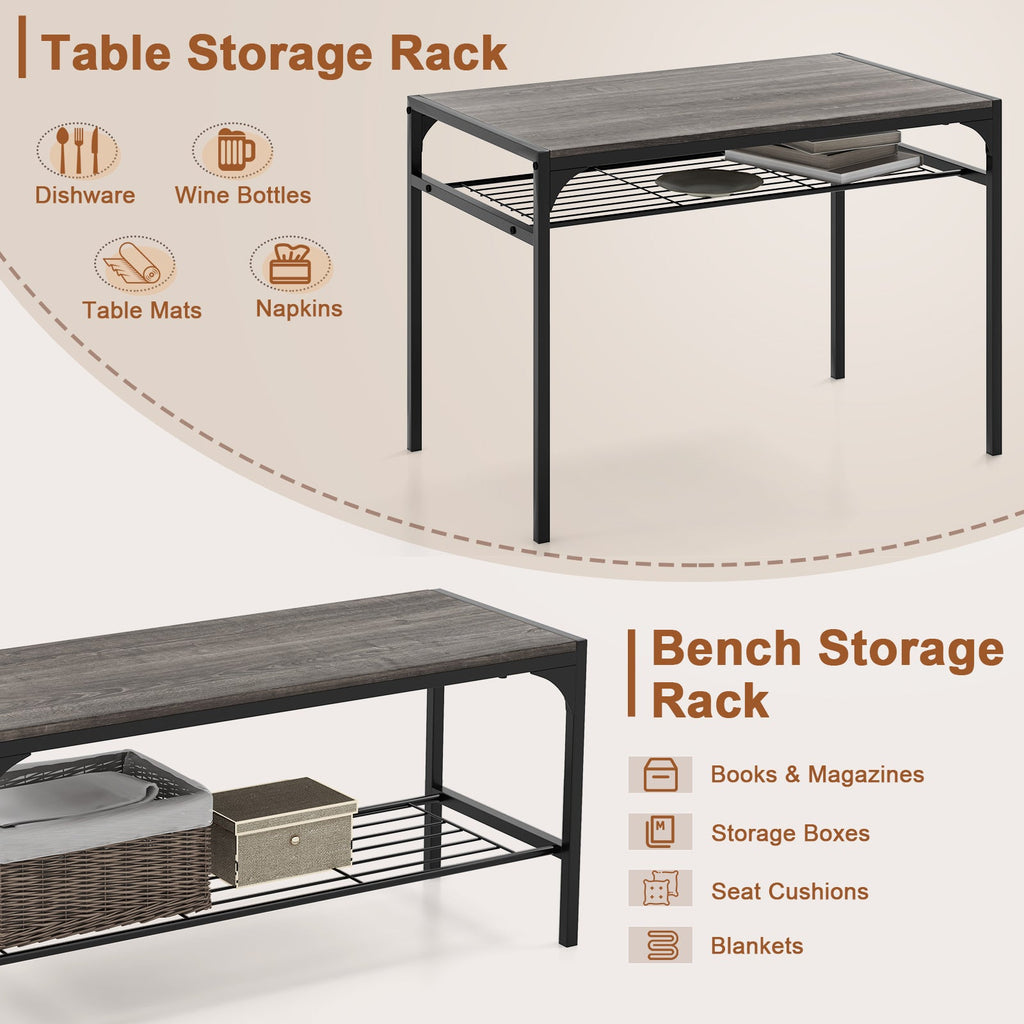 Industrial Style Rectangular Kitchen Table with Bench and Chairs-Gray