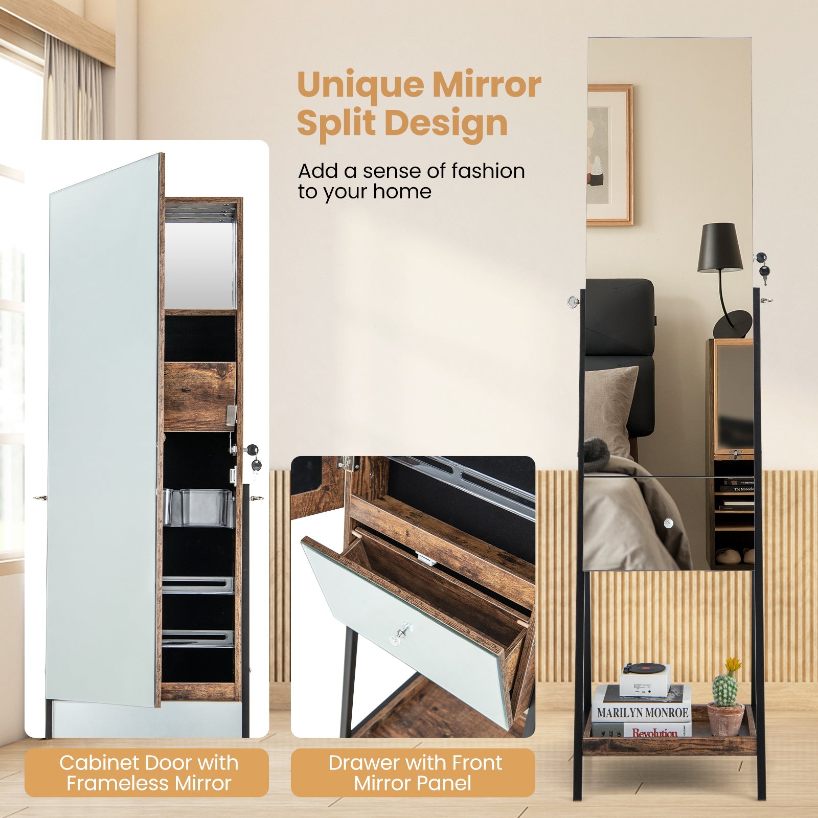 Lockable Freestanding Jewelry Organizer with Full-Length Frameless Mirror-Rustic Brown