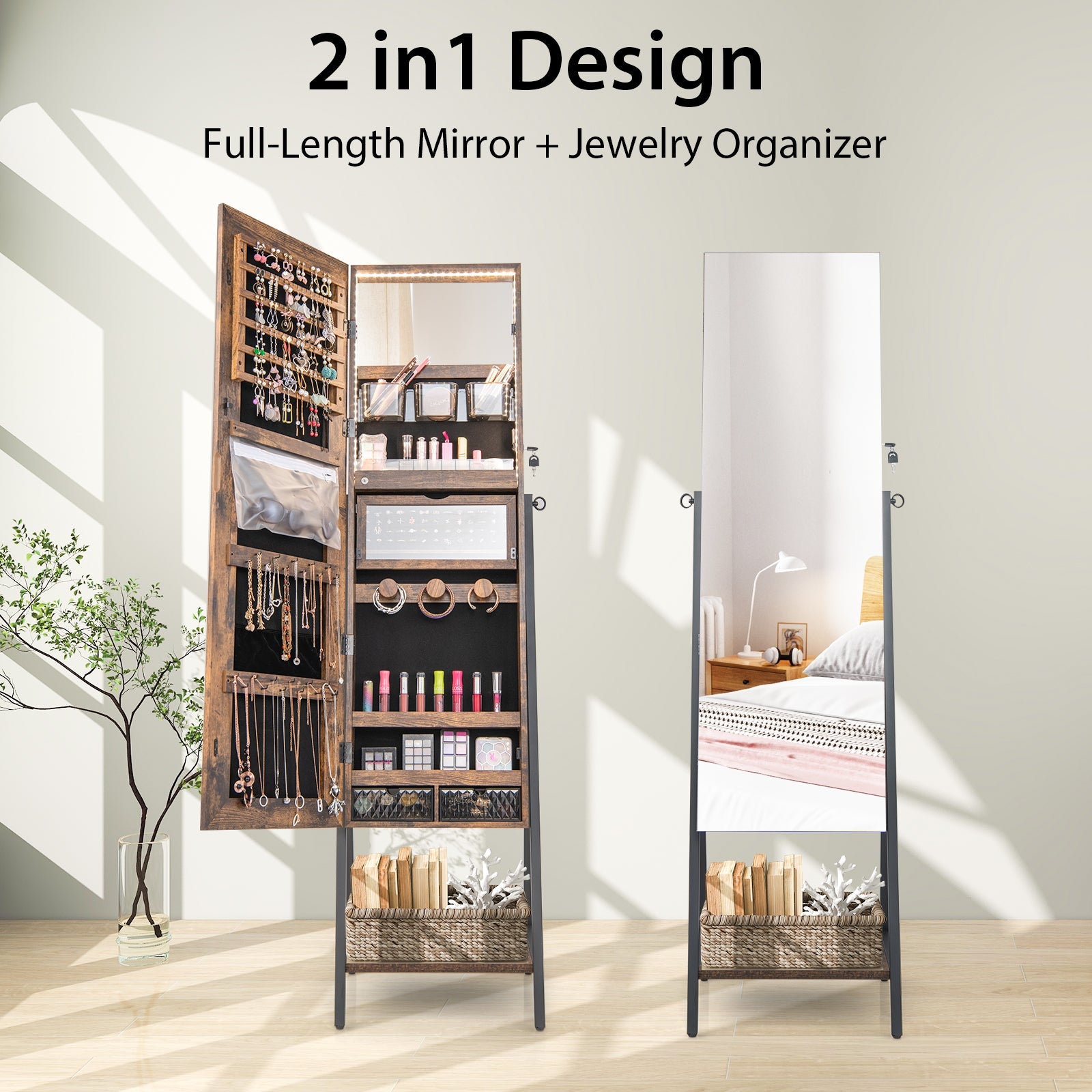 Freestanding Jewelry Cabinet with Full-Length Mirror-Rustic Brown