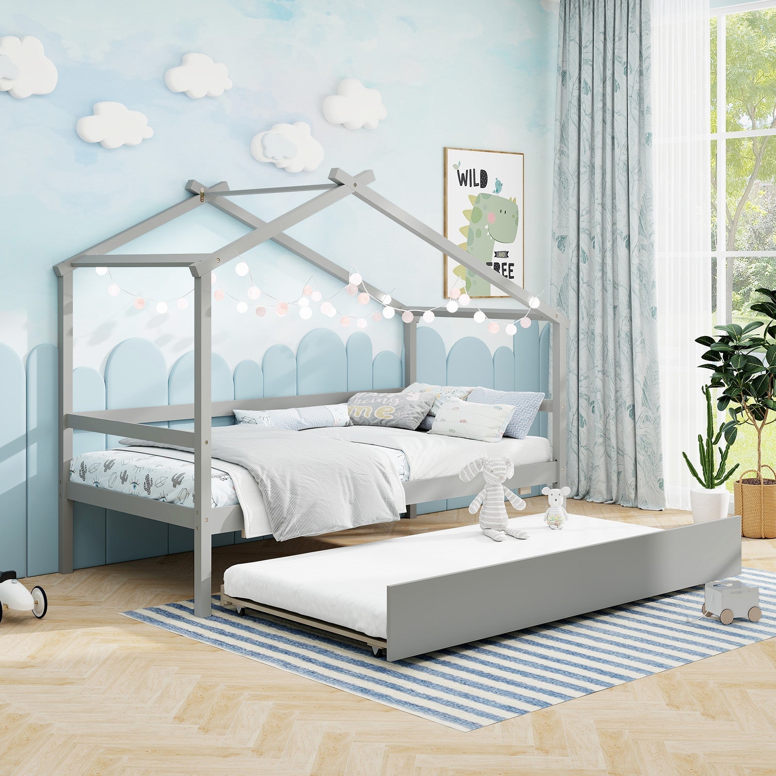 Kids Twin Size House Bed with Trundle and Roof-Gray