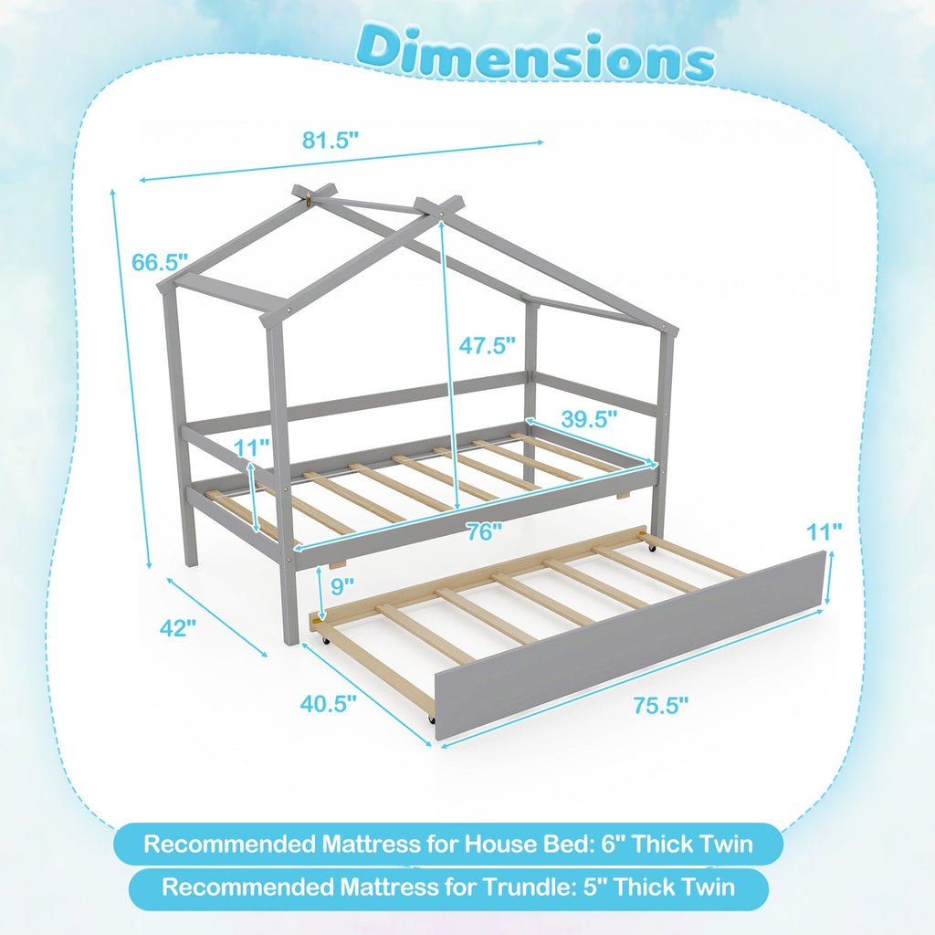 Kids Twin Size House Bed with Trundle and Roof-Gray