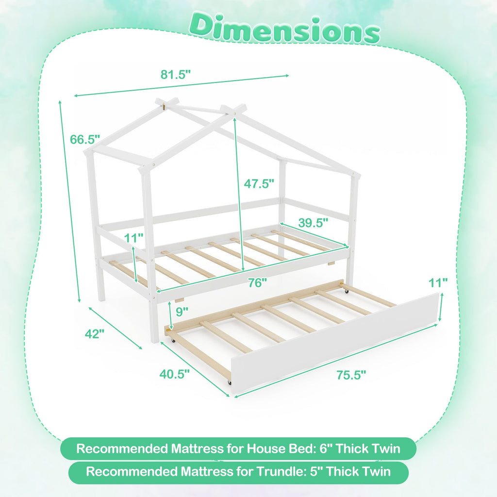 Kids Twin Size House Bed with Trundle and Roof-White