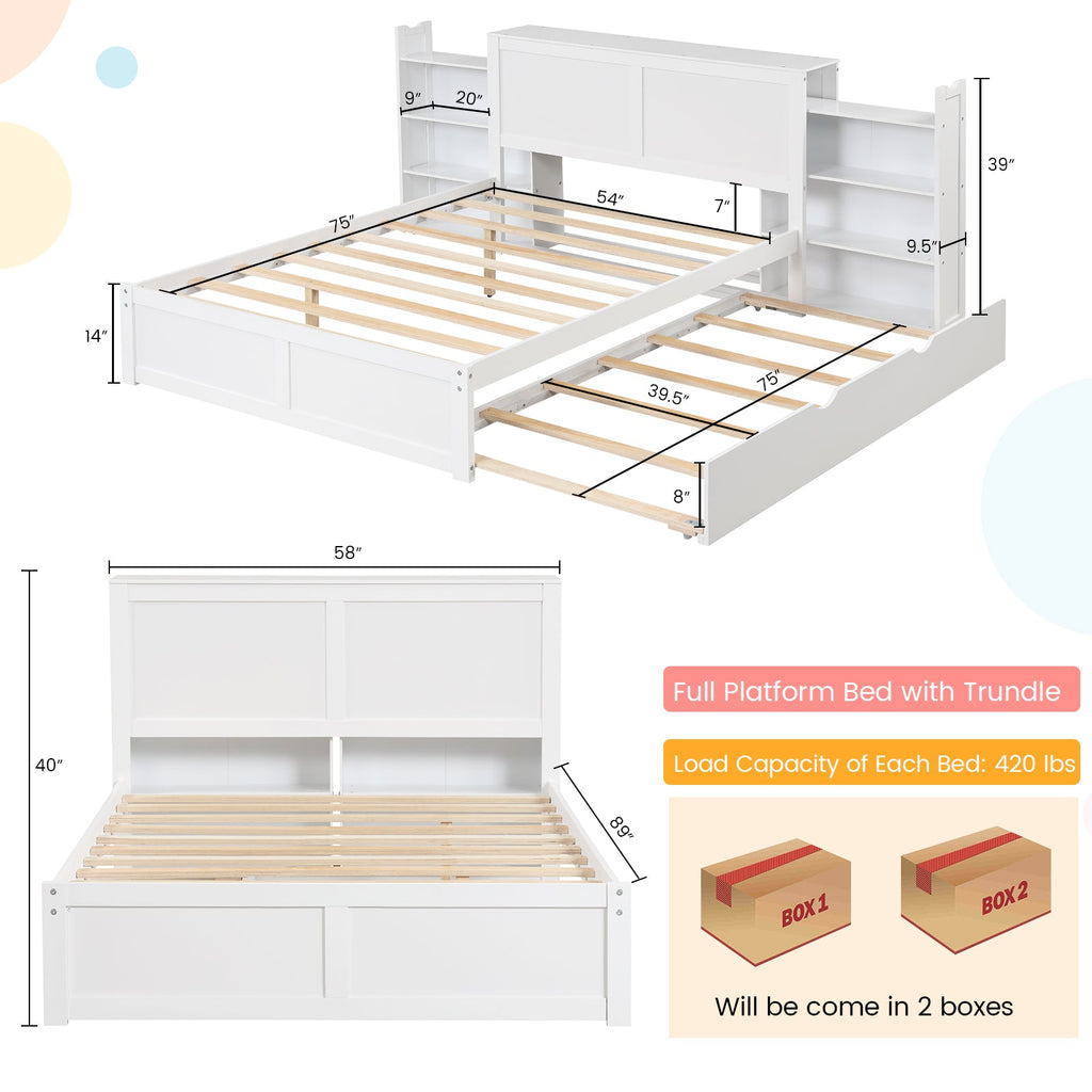Twin/Full Kids Wooden Platform Bed with Trundle Storage Headboard-Full Size