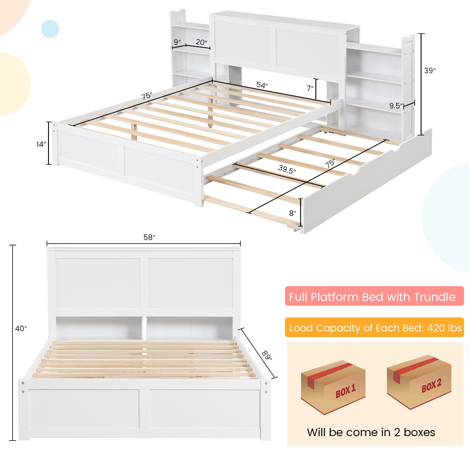 Twin/Full Kids Wooden Platform Bed with Trundle Storage Headboard-Full Size