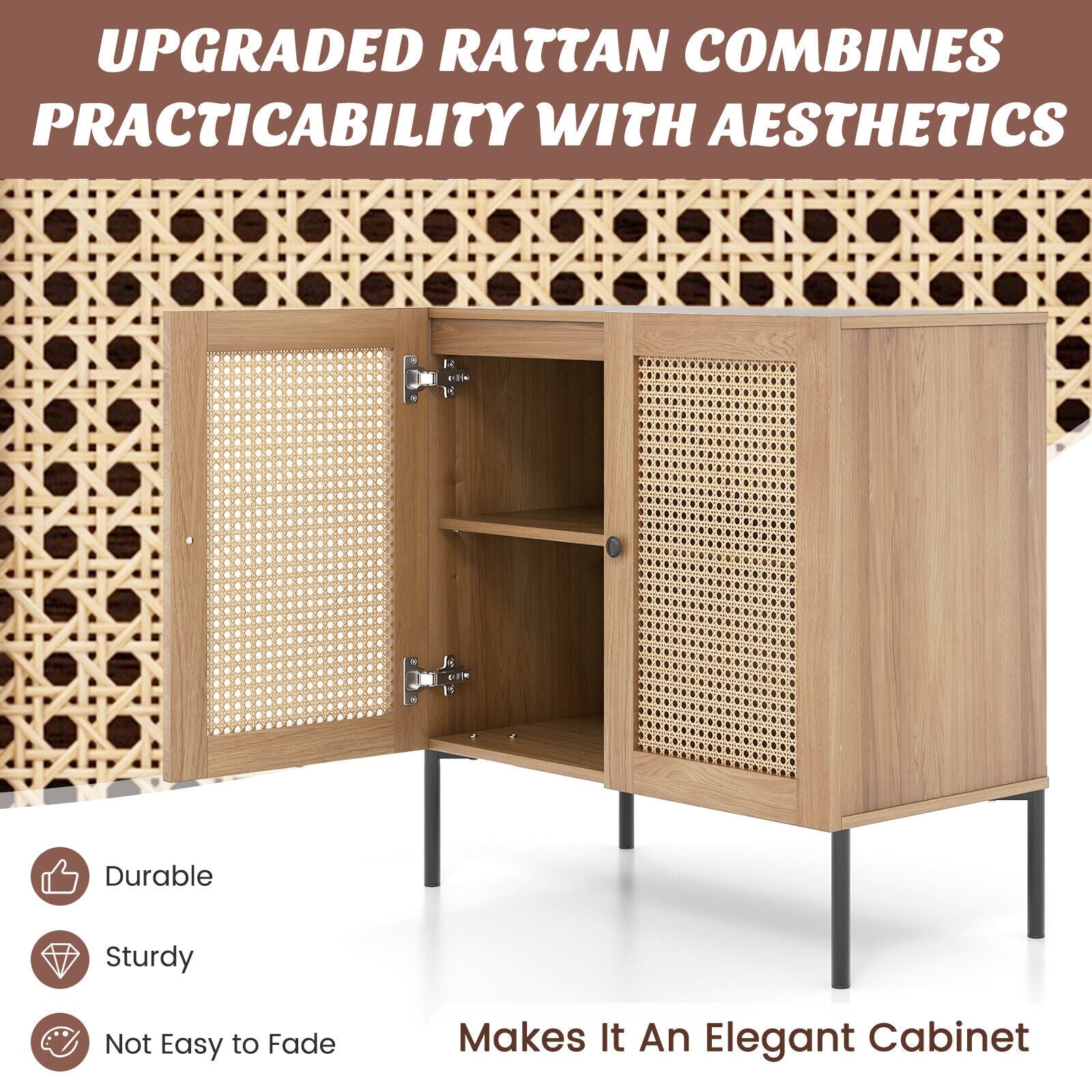 Kitchen Sideboard with 2 Rattan Doors and Adjustable Shelf-Natural