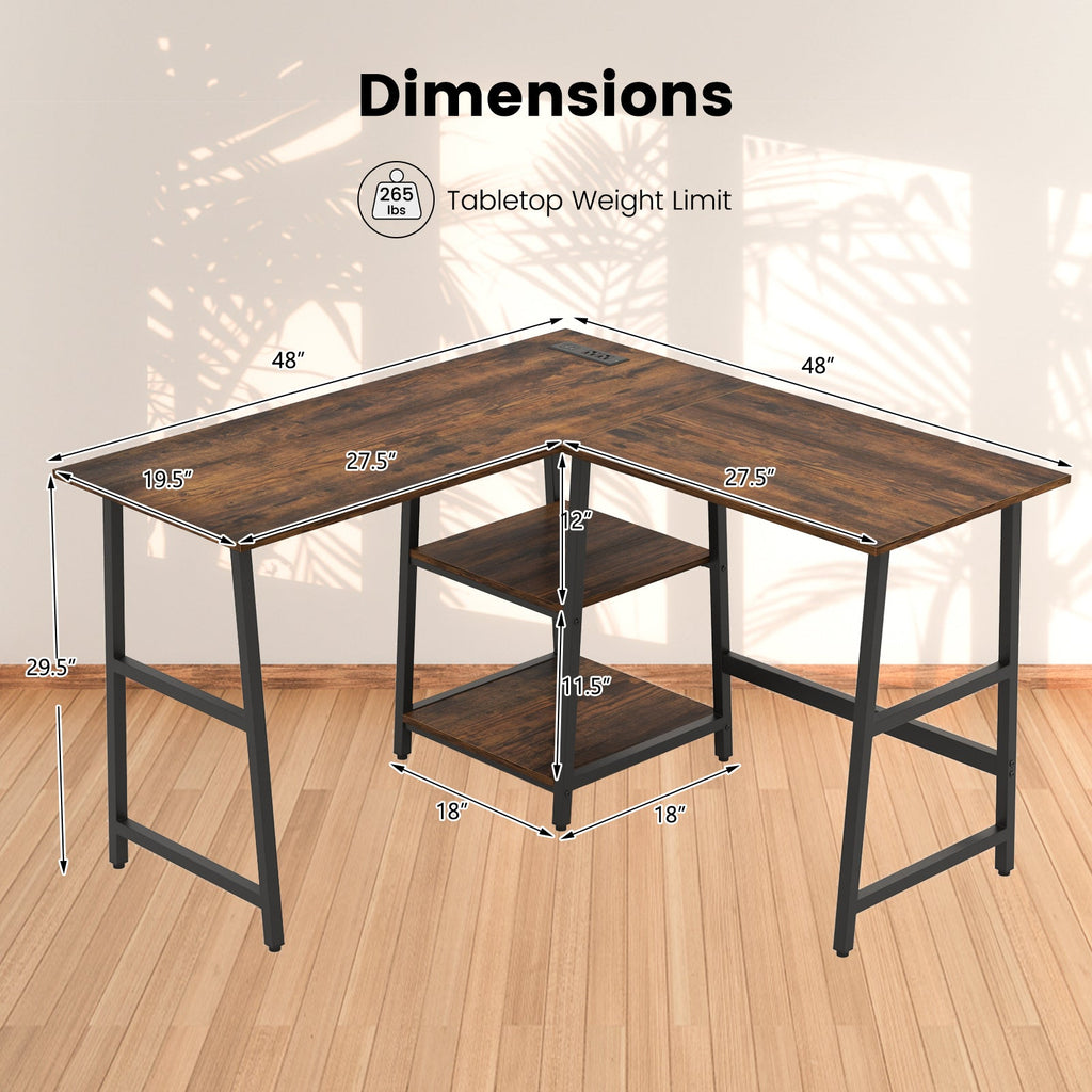 L Shaped Corner Computer Desk with Storage Shelves-Brown
