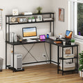 L-Shaped Reversible Gaming Desk with LED Strip and Power Outlets Hutch Monitor Stand-Black