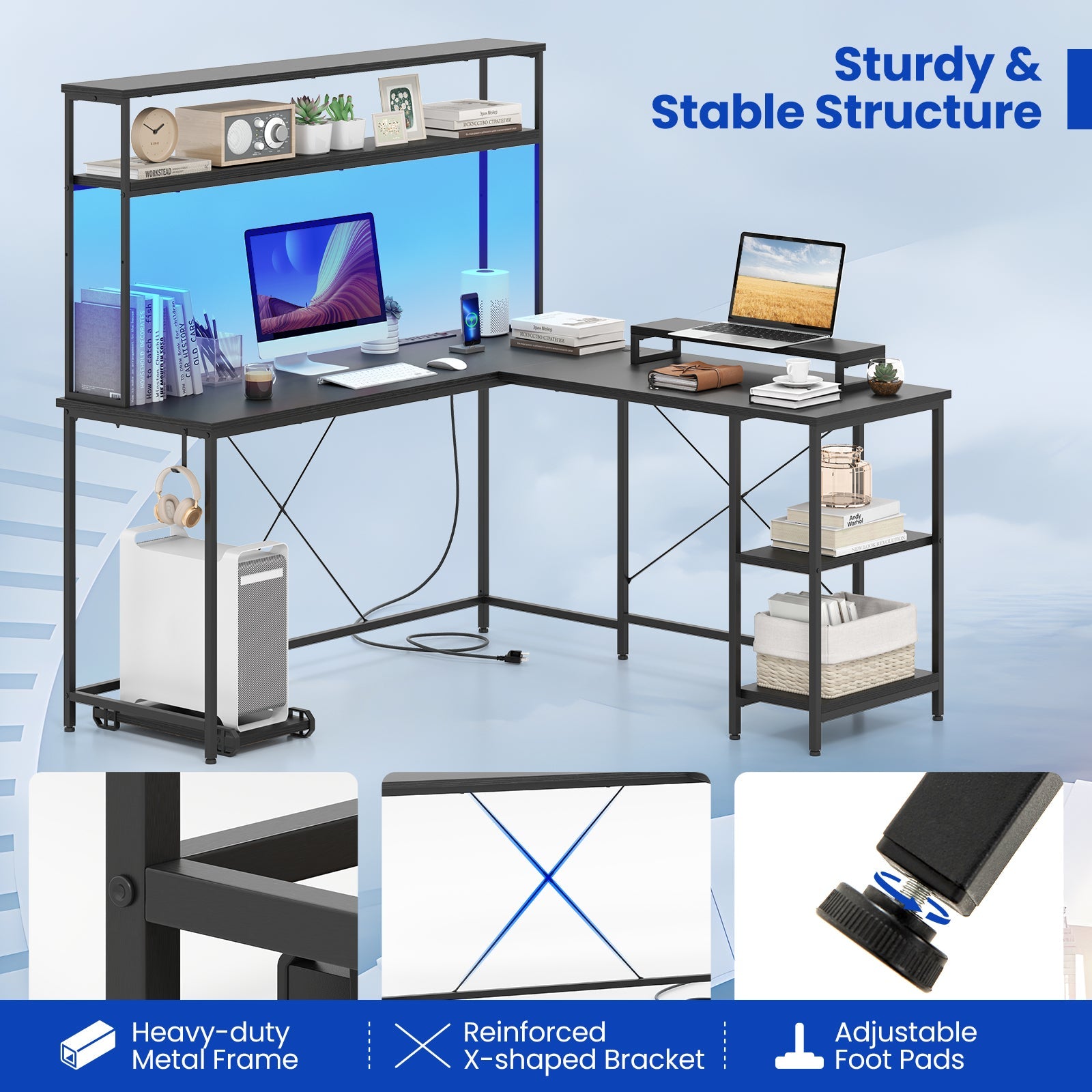 L-Shaped Reversible Gaming Desk with LED Strip and Power Outlets Hutch Monitor Stand-Black