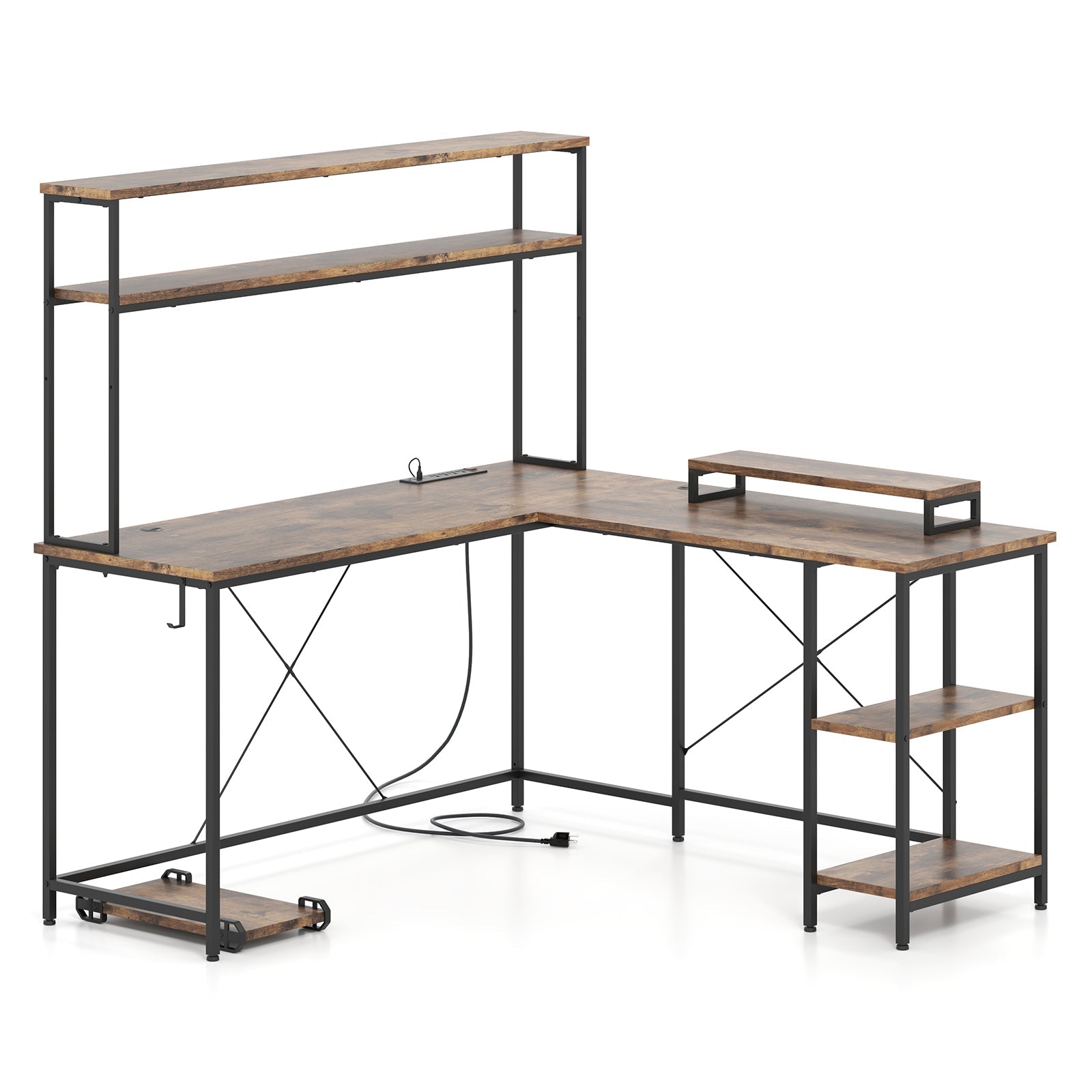 L-Shaped Reversible Gaming Desk with LED Strip and Power Outlets Hutch Monitor Stand-Rustic Brown