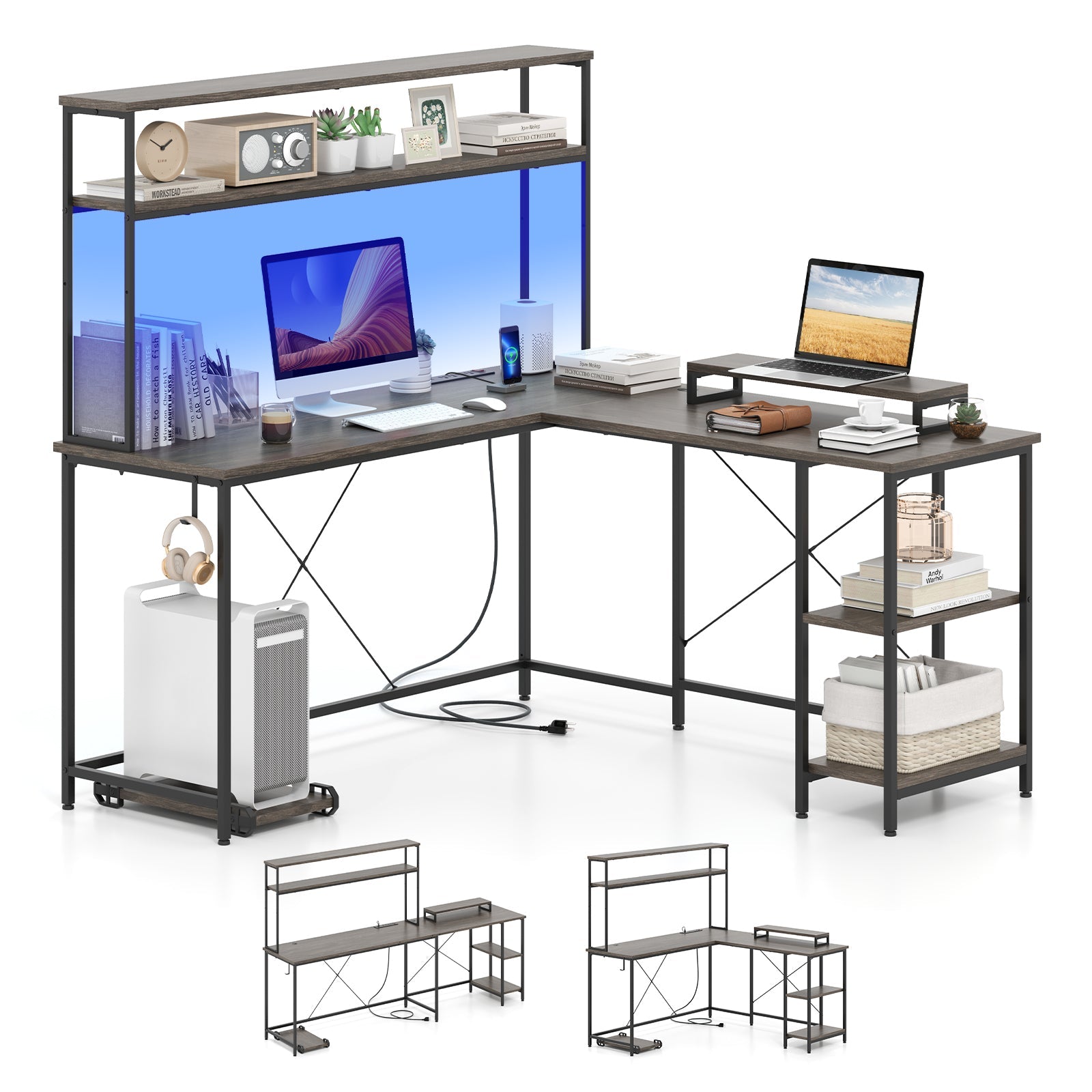 L-Shaped Reversible Gaming Desk with LED Strip and Power Outlets Hutch Monitor Stand-Gray
