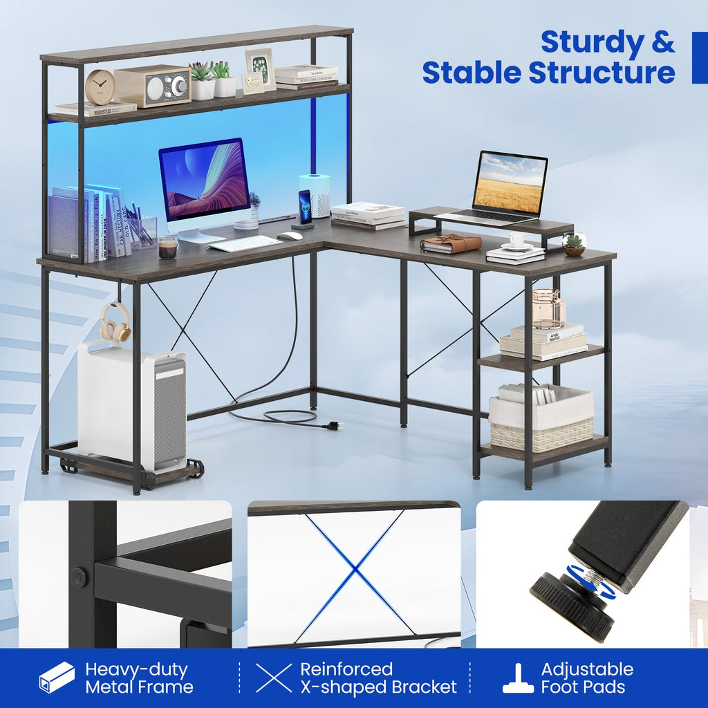 L-Shaped Reversible Gaming Desk with LED Strip and Power Outlets Hutch Monitor Stand-Gray