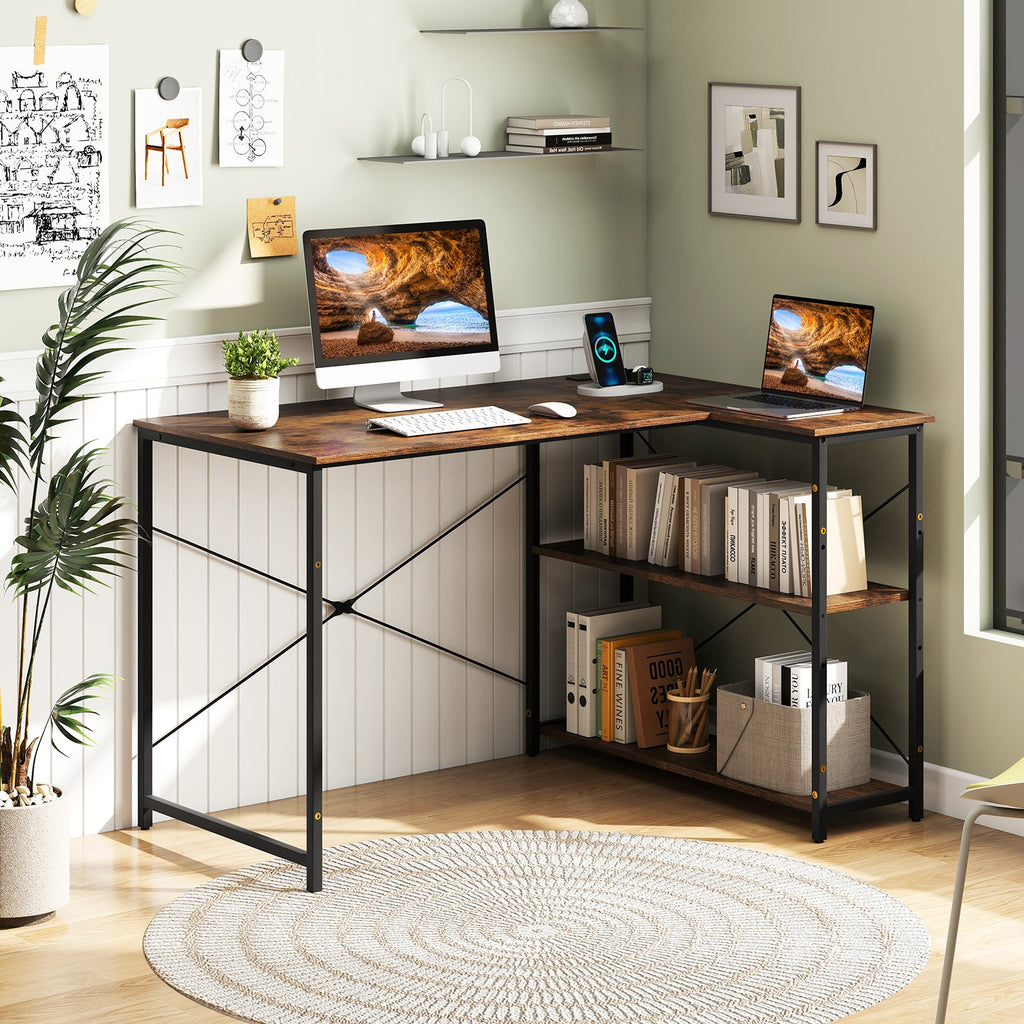 L-shaped 47 Inch Reversible Corner Desk with Adjustable Storage Shelves-Rustic Brown