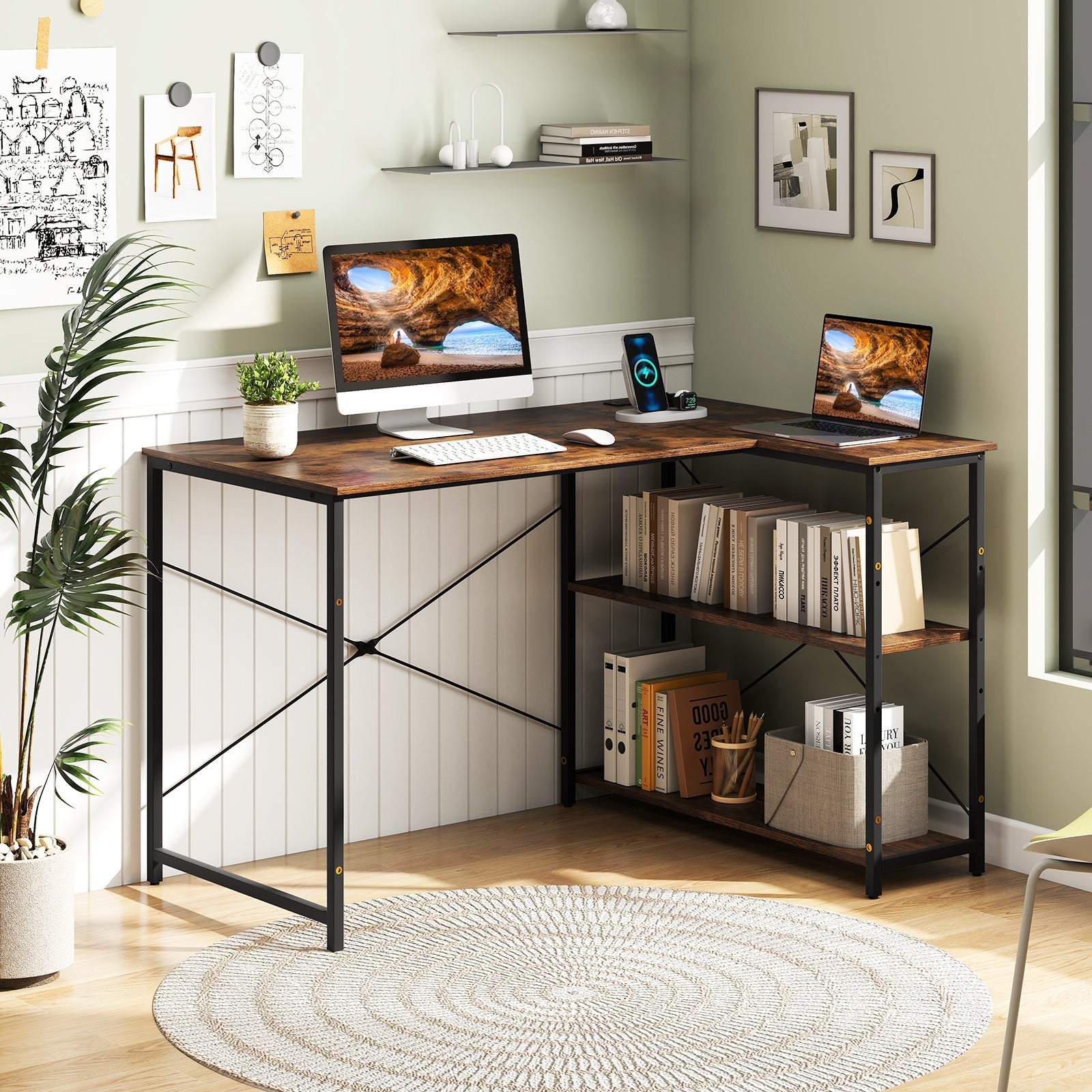 L-shaped 47 Inch Reversible Corner Desk with Adjustable Storage Shelves-Rustic Brown